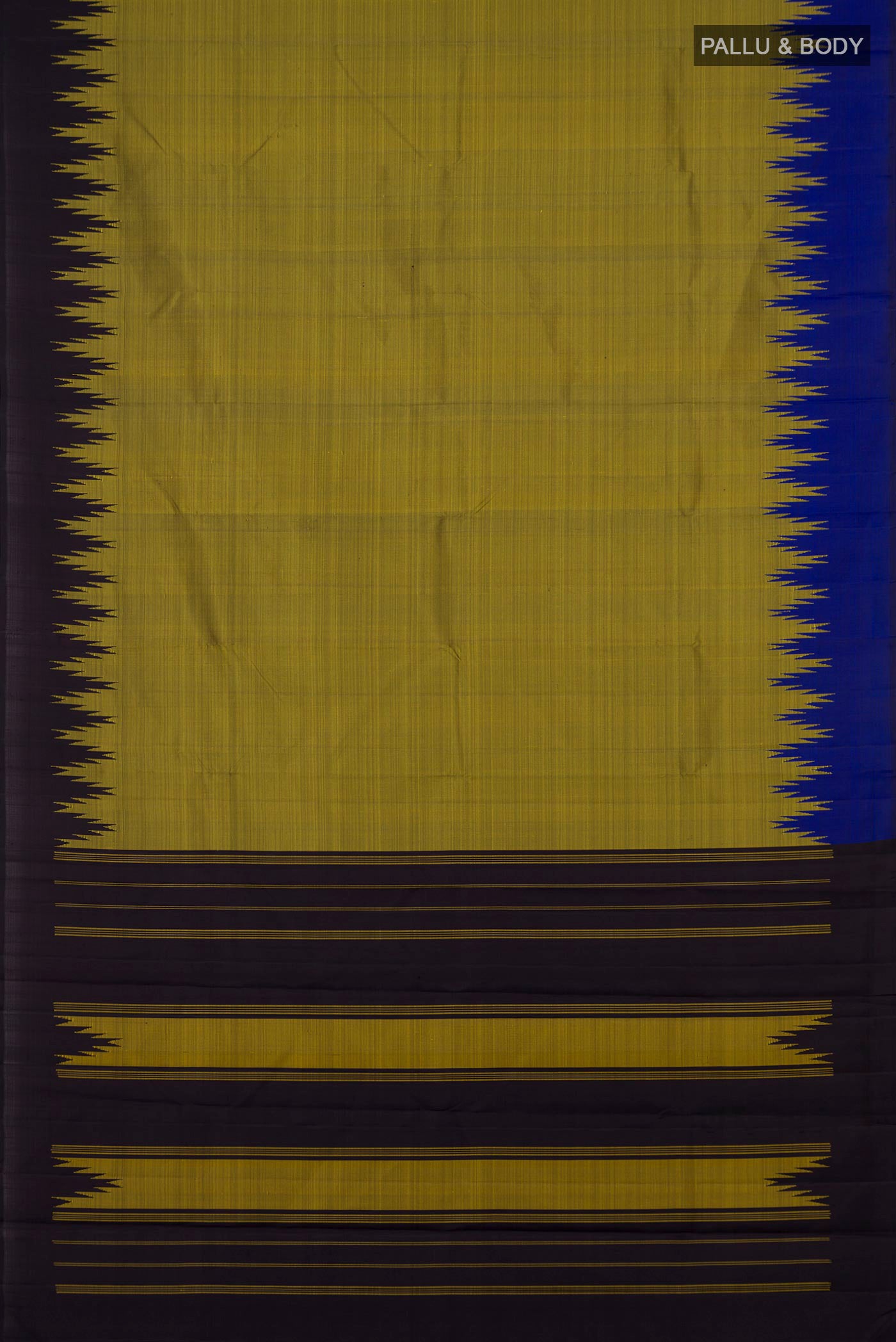 Flat view of Mehandi Green Kanjivaram Silk Saree with Plain Body and Ganga Jamuna Border. 