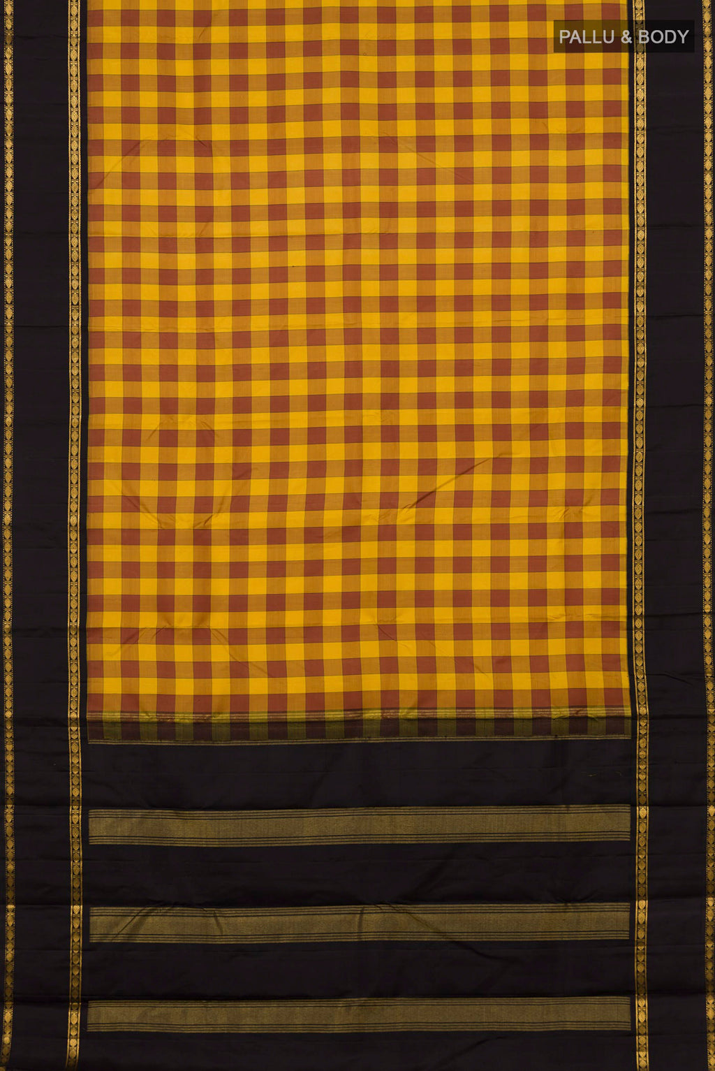Flat view of Multi Color Kanjivaram Silk Saree with Checked design on the body and Zari Border. 