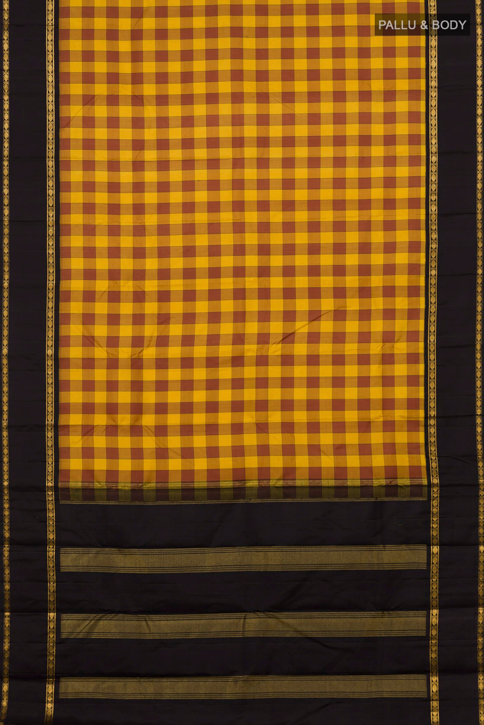 Flat view of Multi Color Kanjivaram Silk Saree with Checked design on the body and Zari Border. 