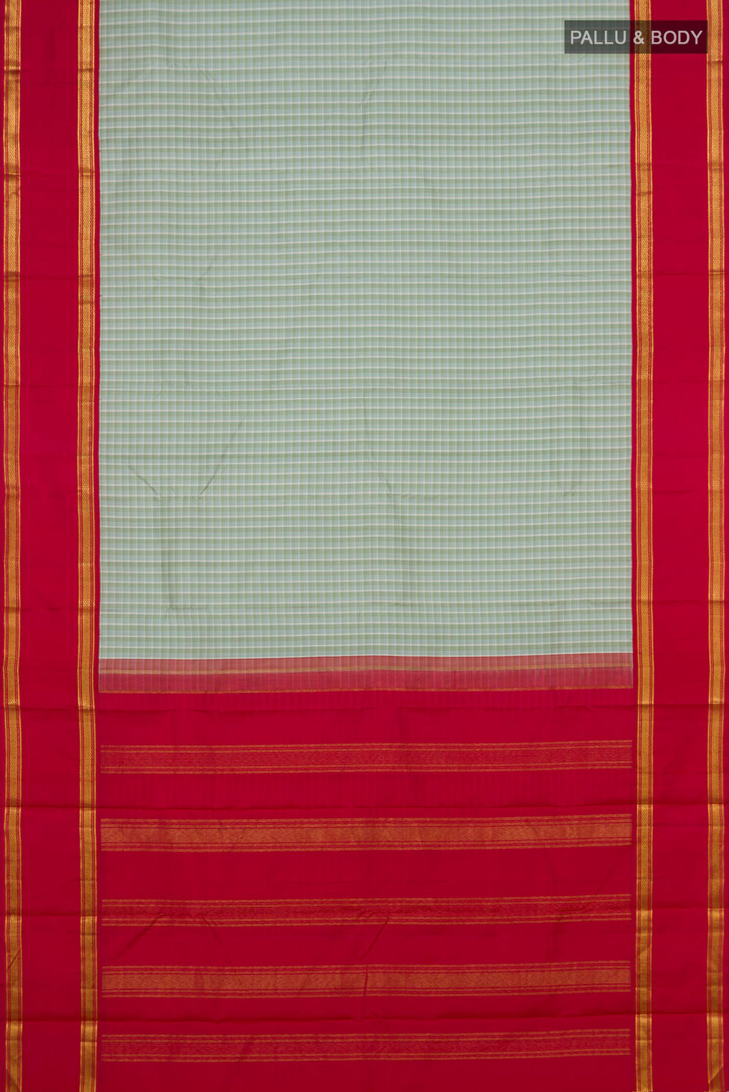 Flat view of Multi Color Kanjivaram Silk Saree with Checked design on the body and Plain Border. 