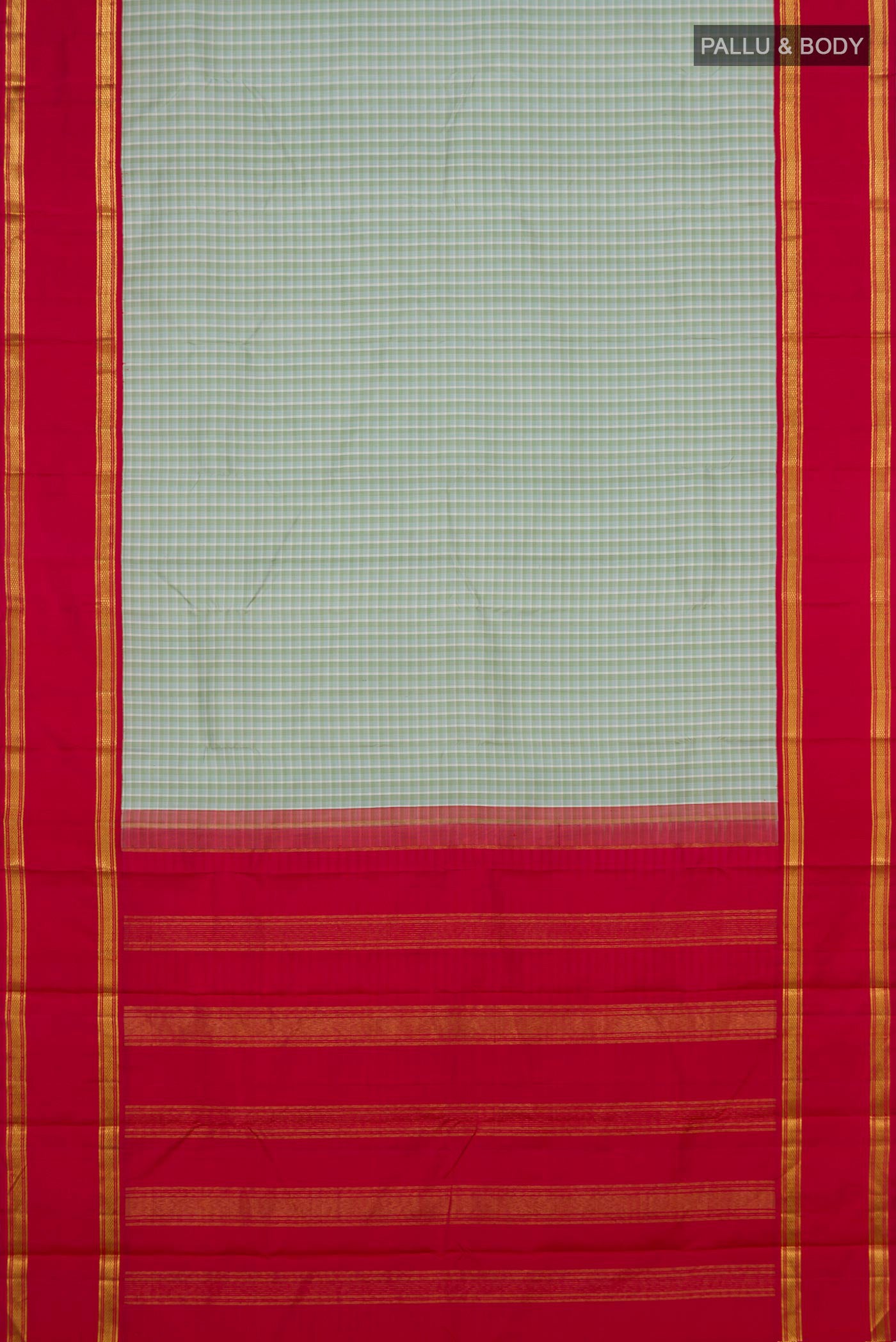 Flat view of Multi Color Kanjivaram Silk Saree with Checked design on the body and Plain Border. 