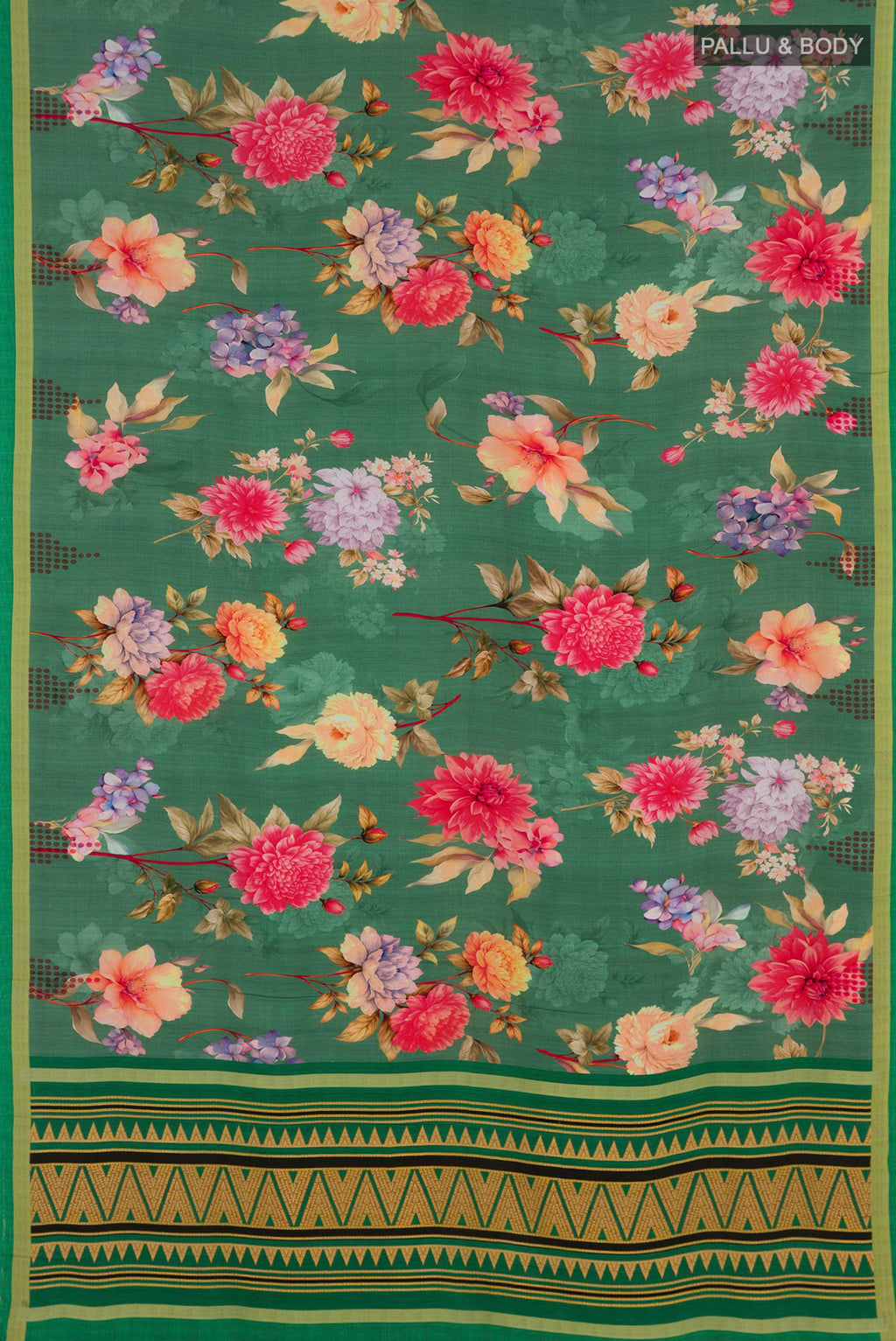 Flat view of Green Crepe Saree with Floral Print on the body and Without Border. 