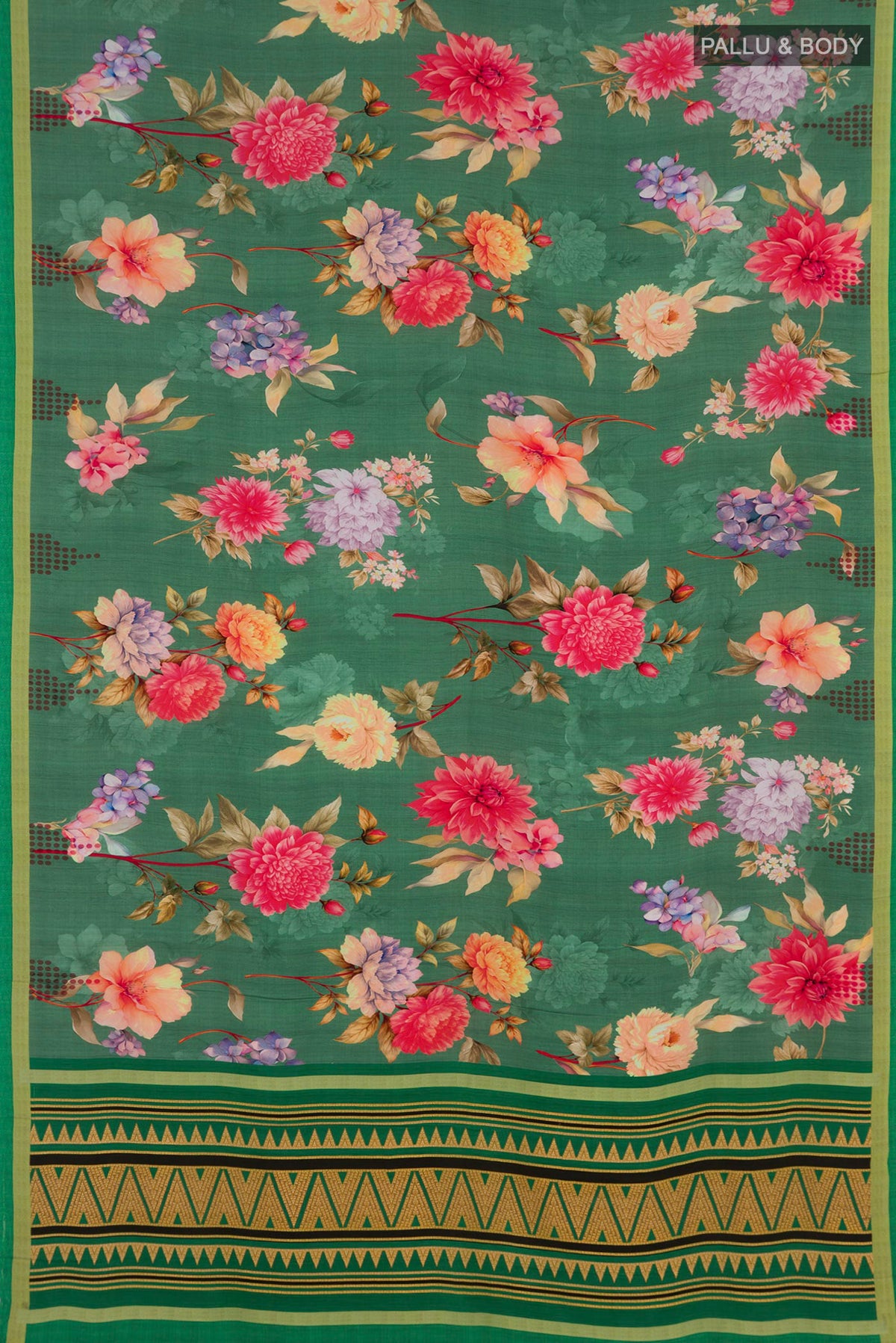 Flat view of Green Crepe Saree with Floral Print on the body and Without Border. 