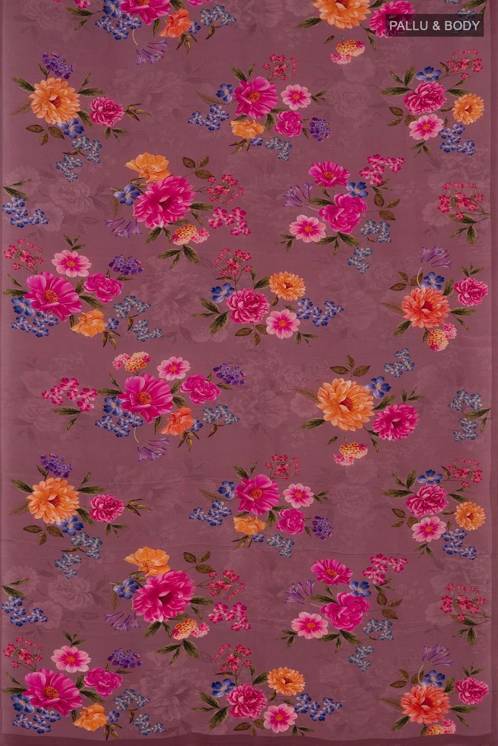 Flat view of Mauve Crepe Saree with Floral Print on the body and Without Border. 