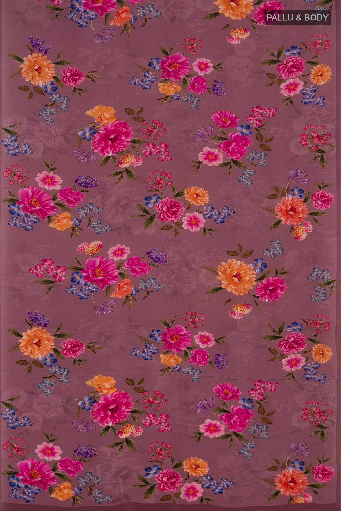 Flat view of Mauve Crepe Saree with Floral Print on the body and Without Border. 