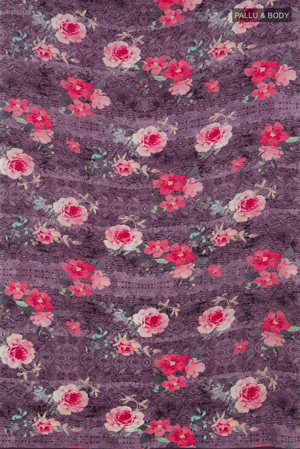 Flat view of Lavender Crepe Saree with Printed design on the body and Without Border. 