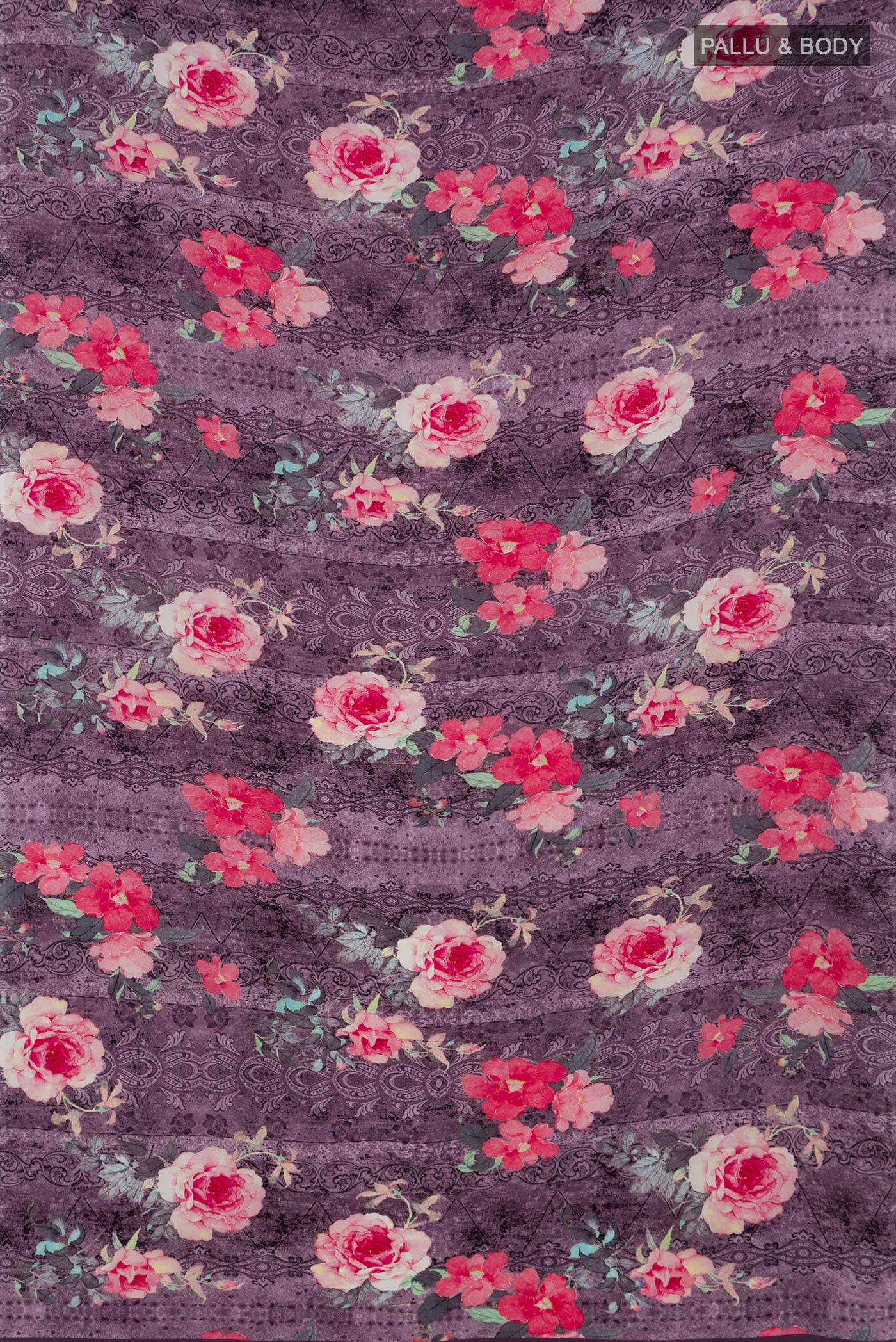 Flat view of Lavender Crepe Saree with Printed design on the body and Without Border. 