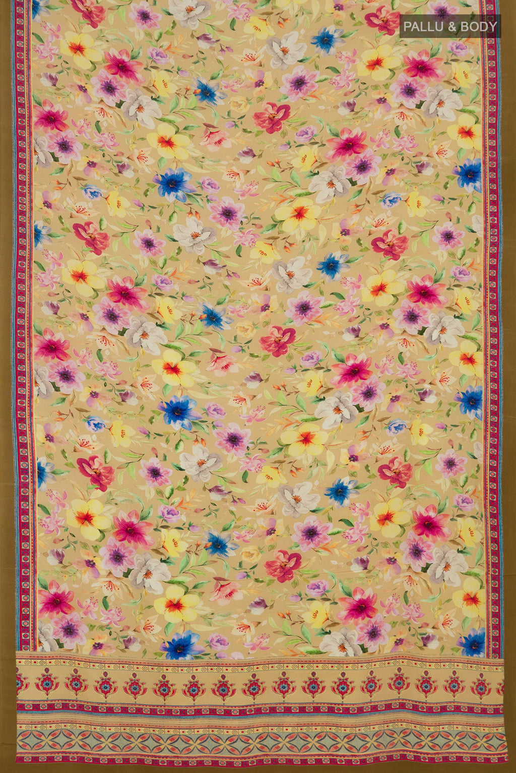 Flat view of Beige Crepe Saree with Printed design on the body and Printed Border. 
