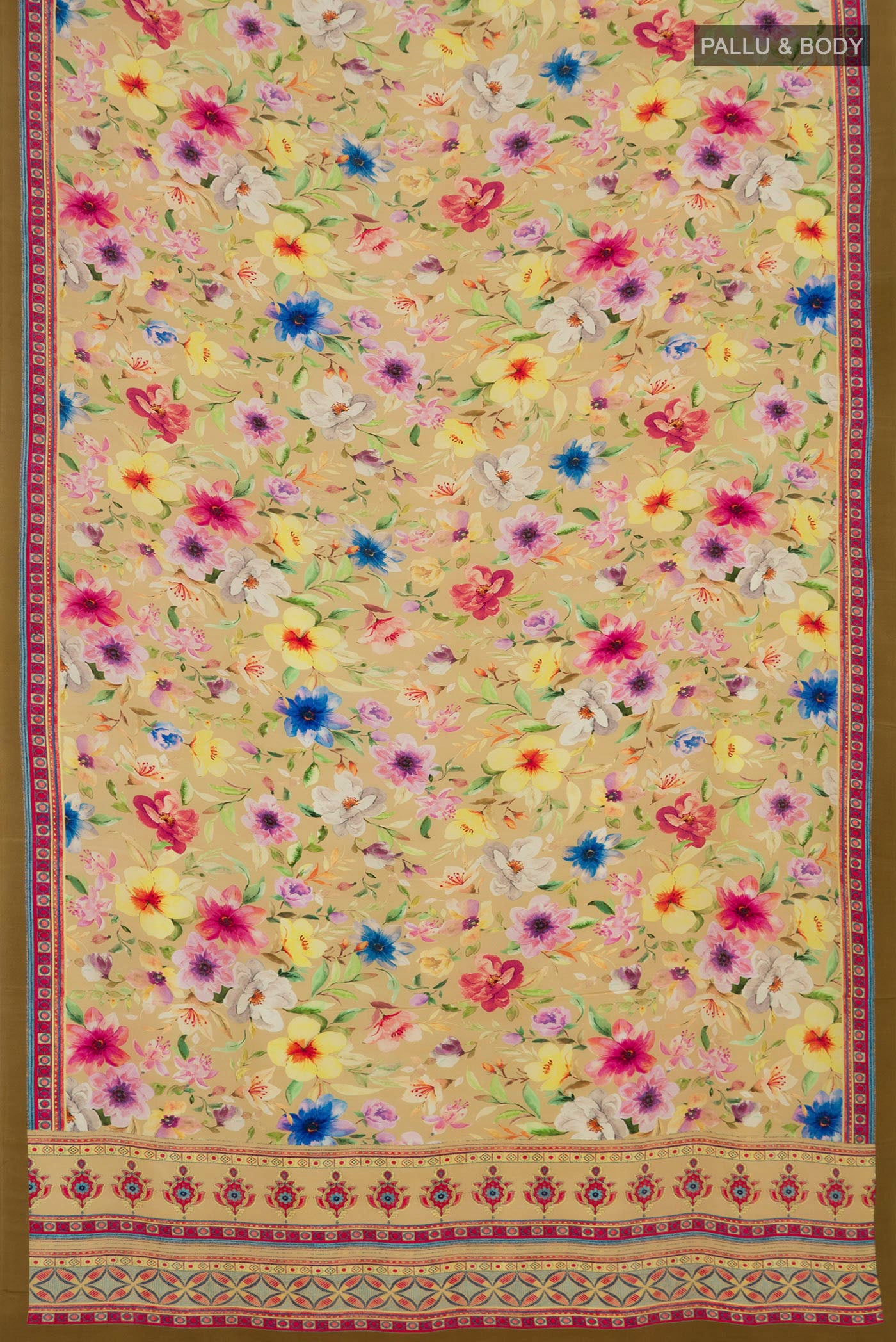 Flat view of Beige Crepe Saree with Printed design on the body and Printed Border. 