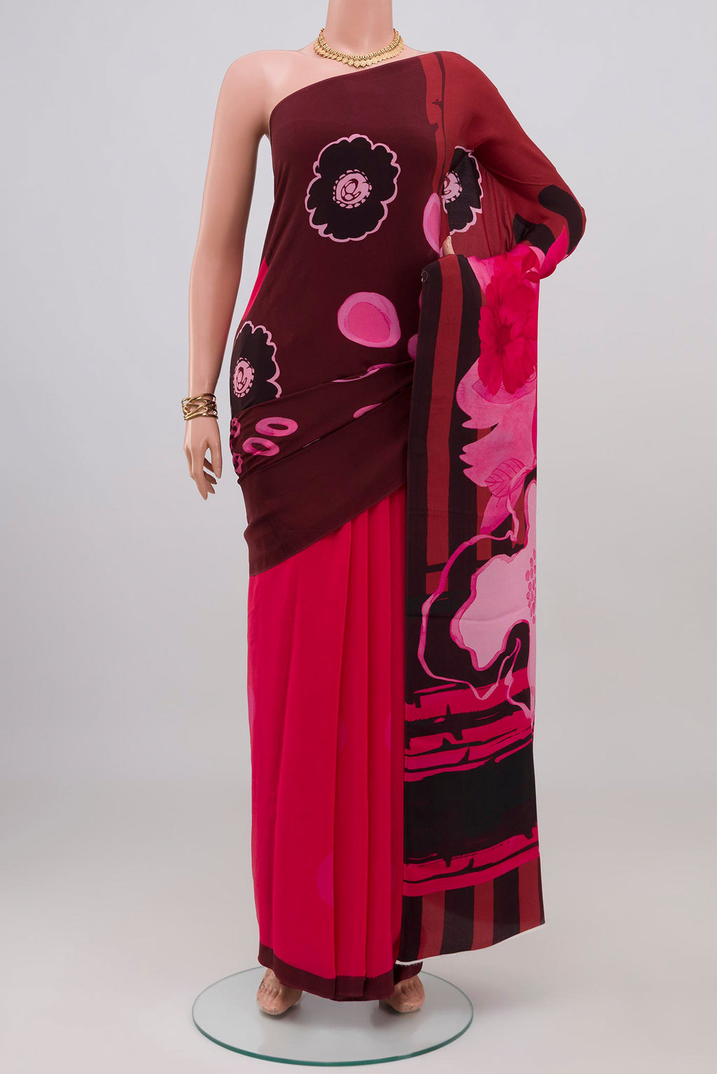 Multi Color Crepe Saree with Printed design on the body and Without Border.  displayed on a mannequin
