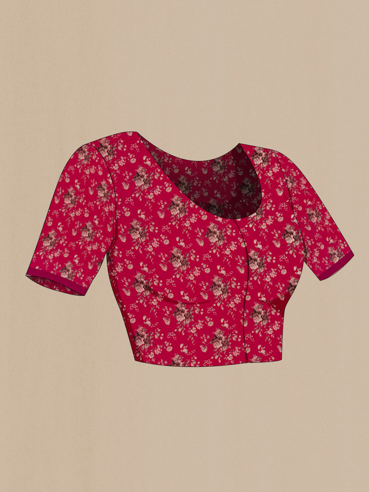 Close up image of the blouse of Pink Crepe Saree with Floral Print on the body and Without Border. 