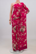 Pink Crepe Saree with Floral Print on the body and Without Border.  displayed on a mannequin