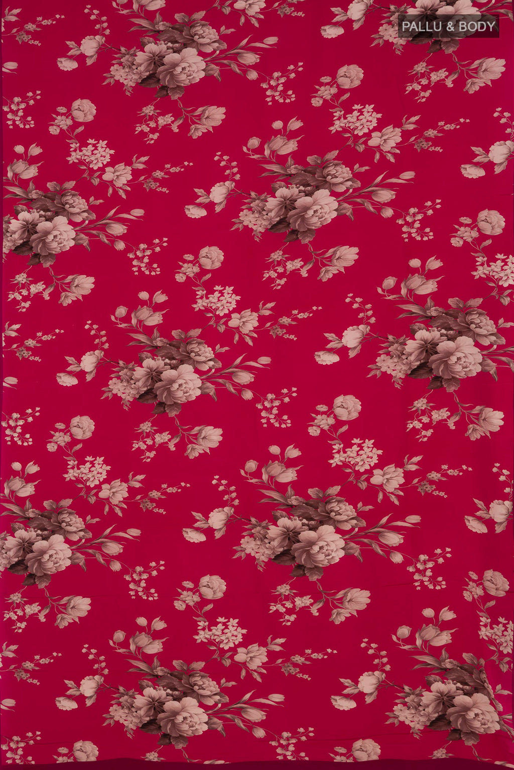 Flat view of Pink Crepe Saree with Floral Print on the body and Without Border. 