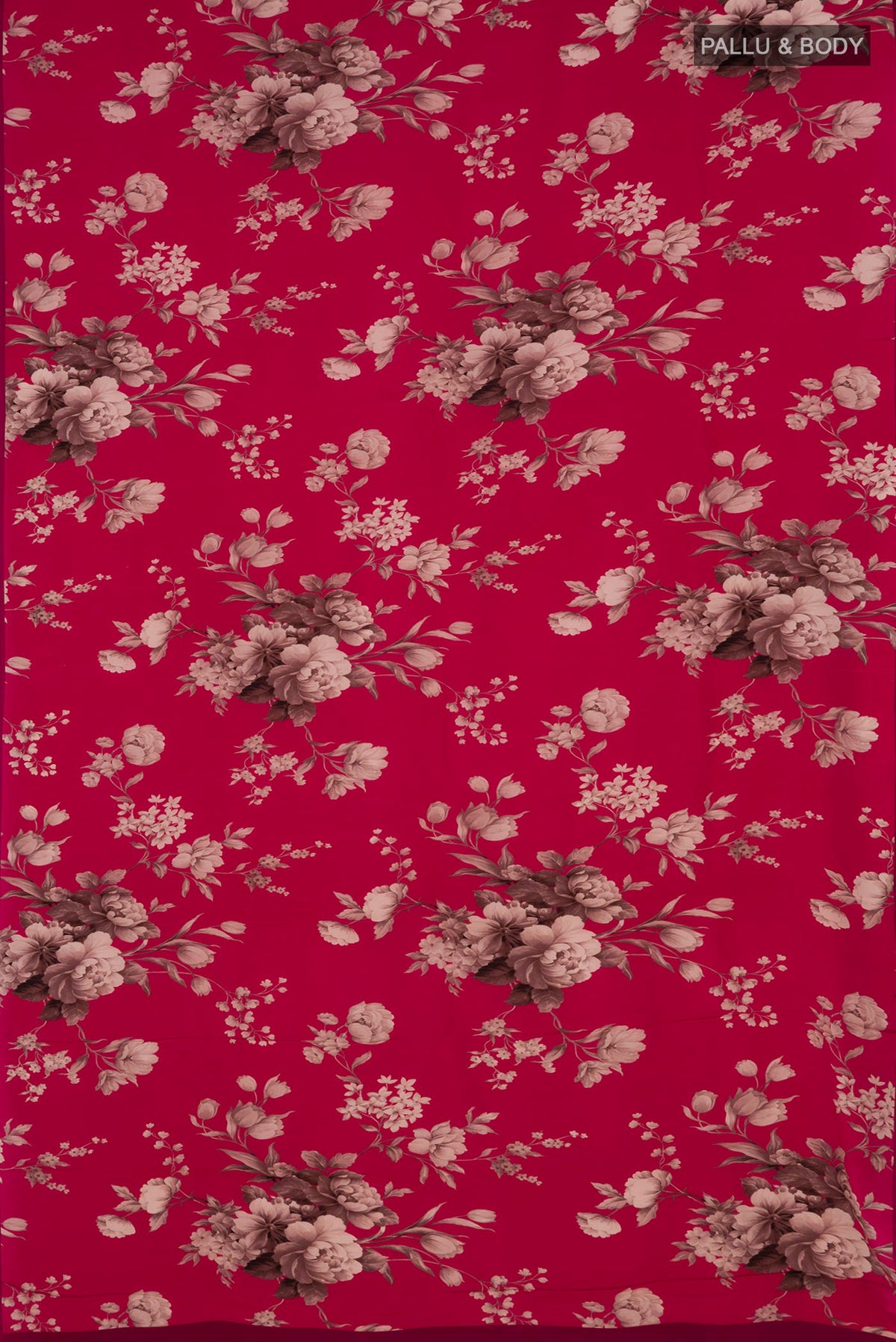 Flat view of Pink Crepe Saree with Floral Print on the body and Without Border. 
