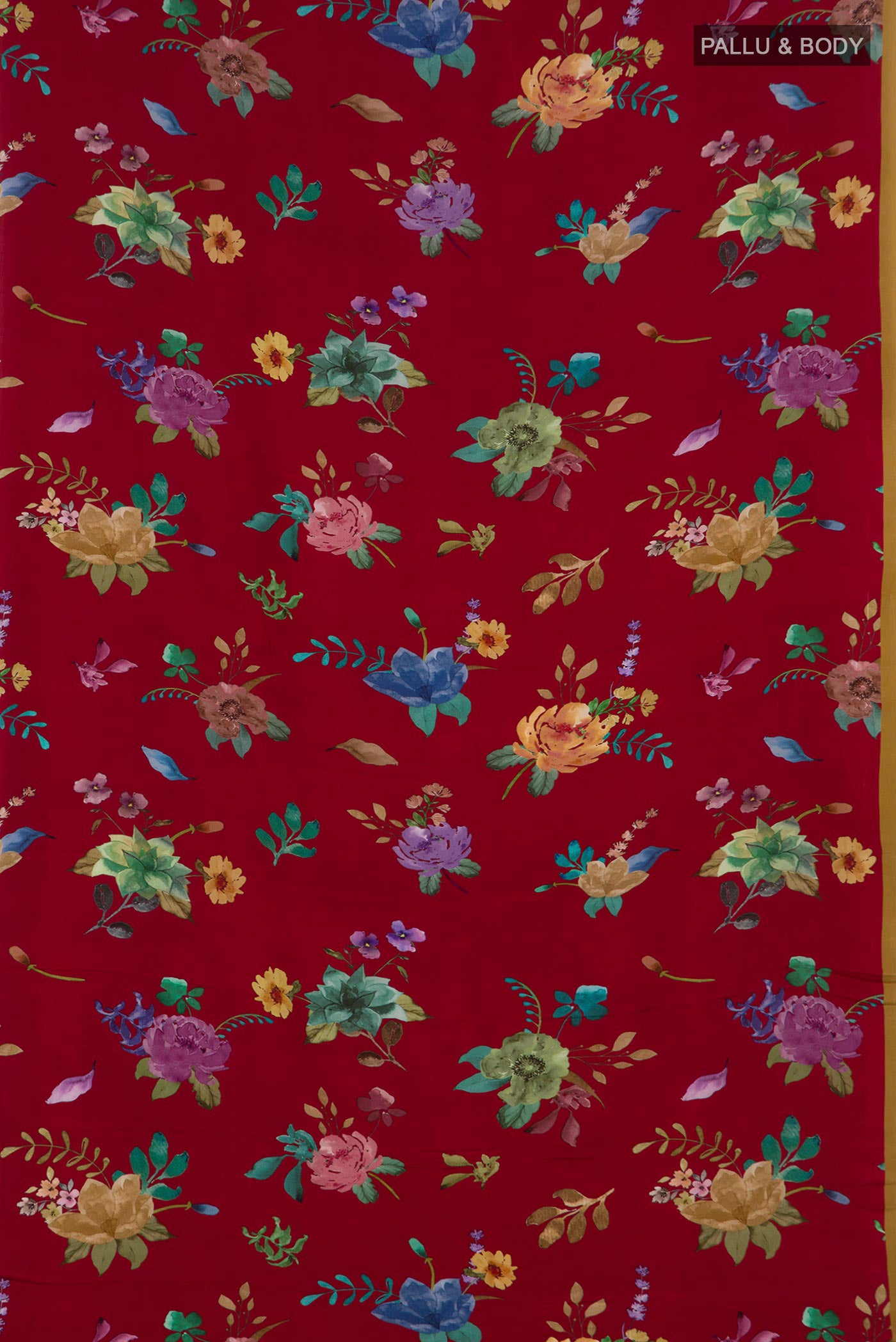 Flat view of Red Crepe Saree with Floral Print on the body and Without Border. 