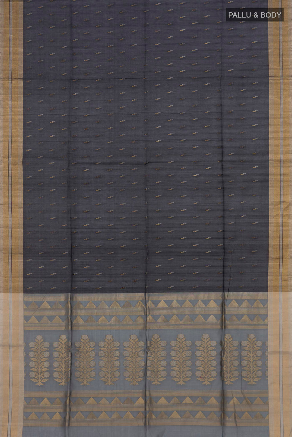 Flat view of Black Silk Cotton Saree with Zari Butta on the body and Zari Border. 