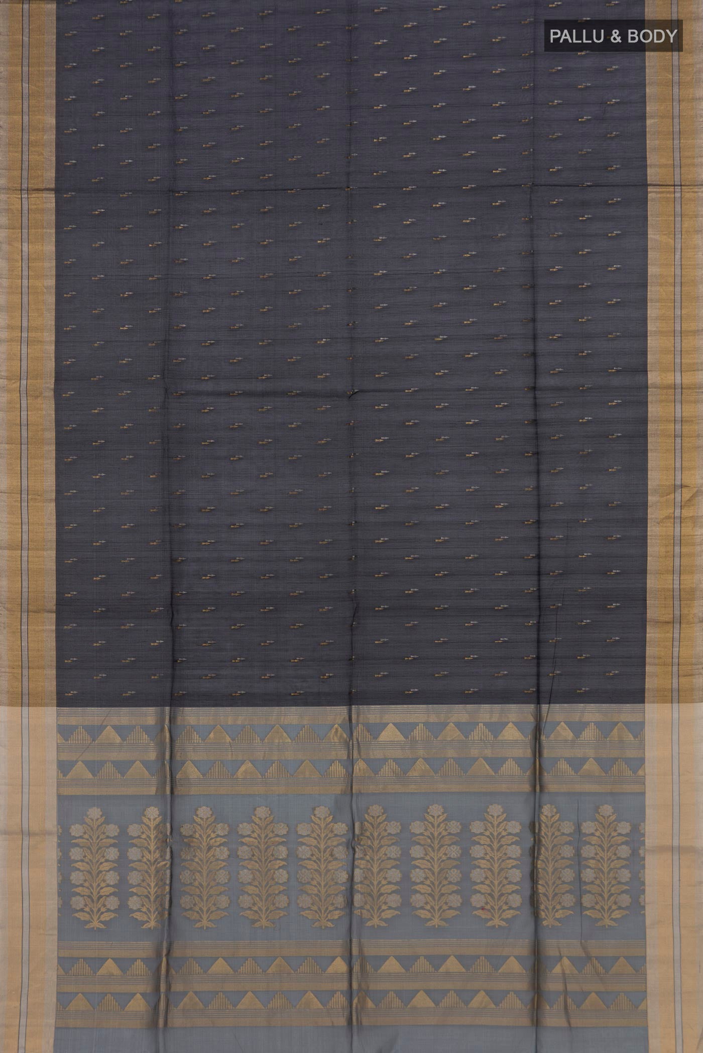 Flat view of Black Silk Cotton Saree with Zari Butta on the body and Zari Border. 