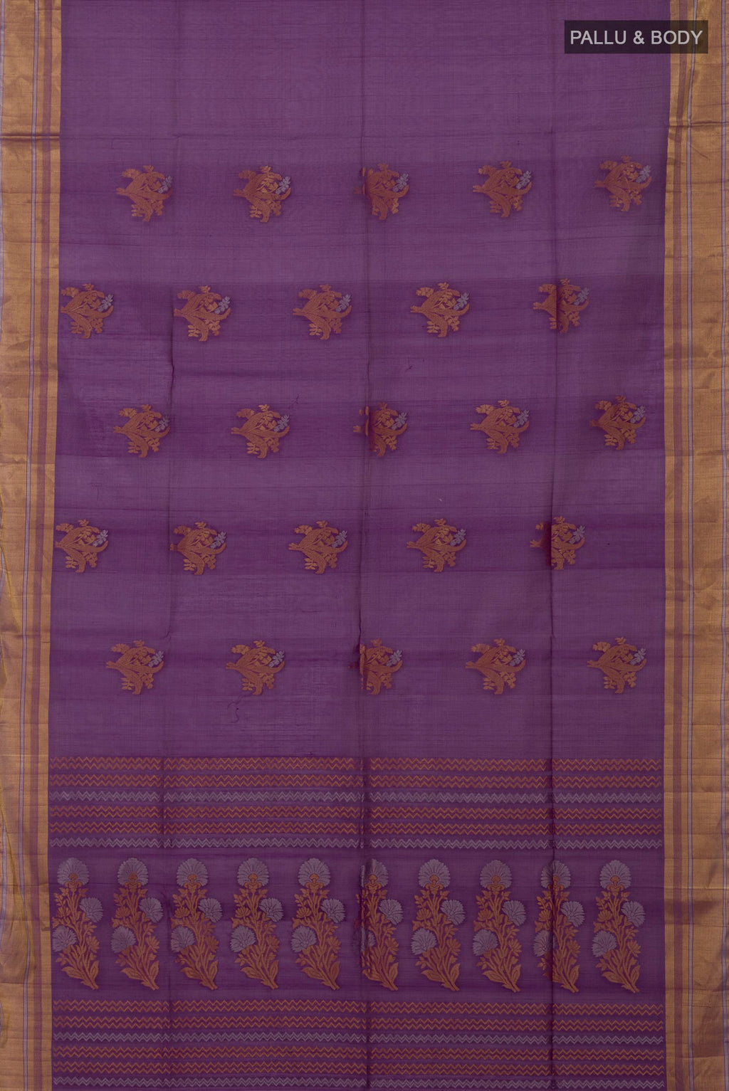 Flat view of Purple Silk Cotton Saree with Zari Butta on the body and Zari Border. 