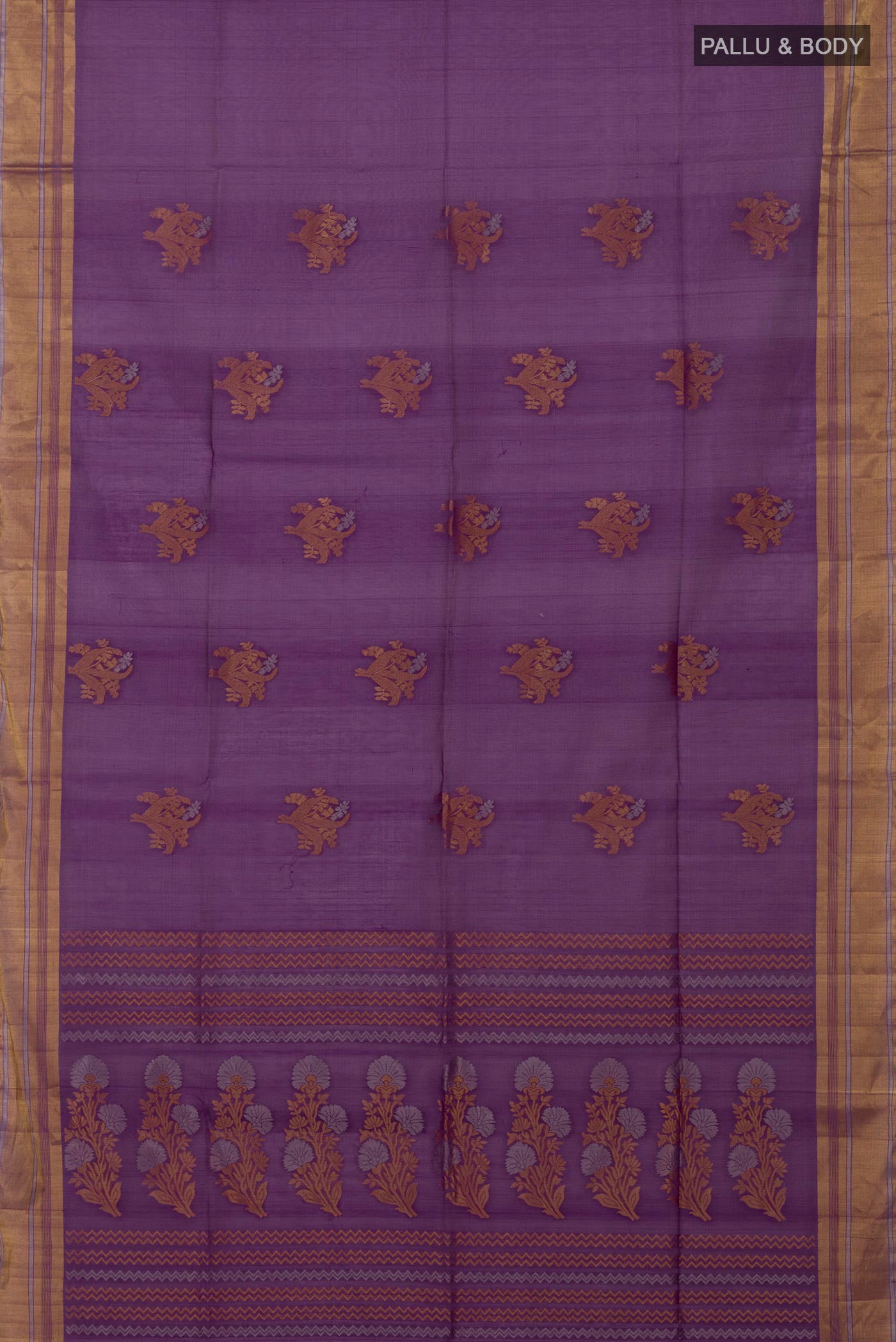 Flat view of Purple Silk Cotton Saree with Zari Butta on the body and Zari Border. 