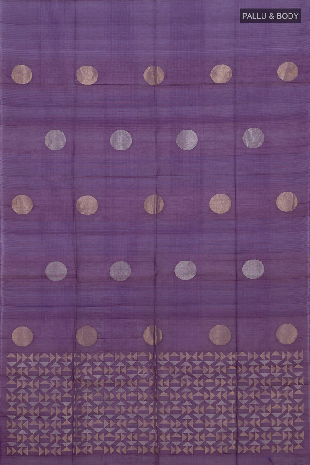 Flat view of Purple Silk Cotton Saree with Polka Dots on the body and Without Border. 