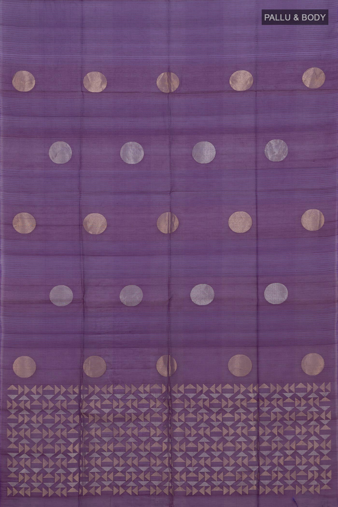 Flat view of Purple Silk Cotton Saree with Polka Dots on the body and Without Border. 