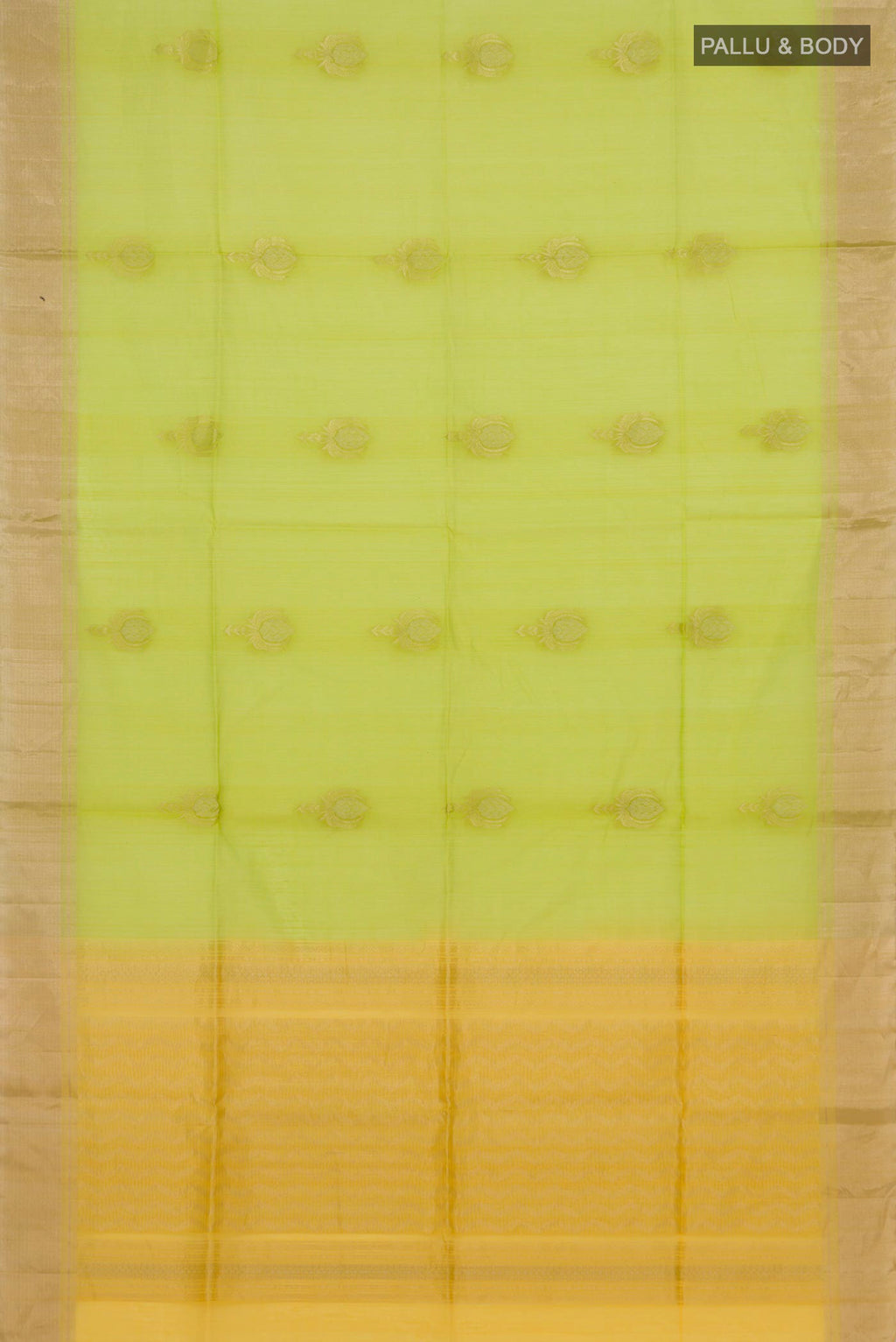 Flat view of Parrot Green Silk Cotton Saree with Zari Butta on the body and Zari Border. 
