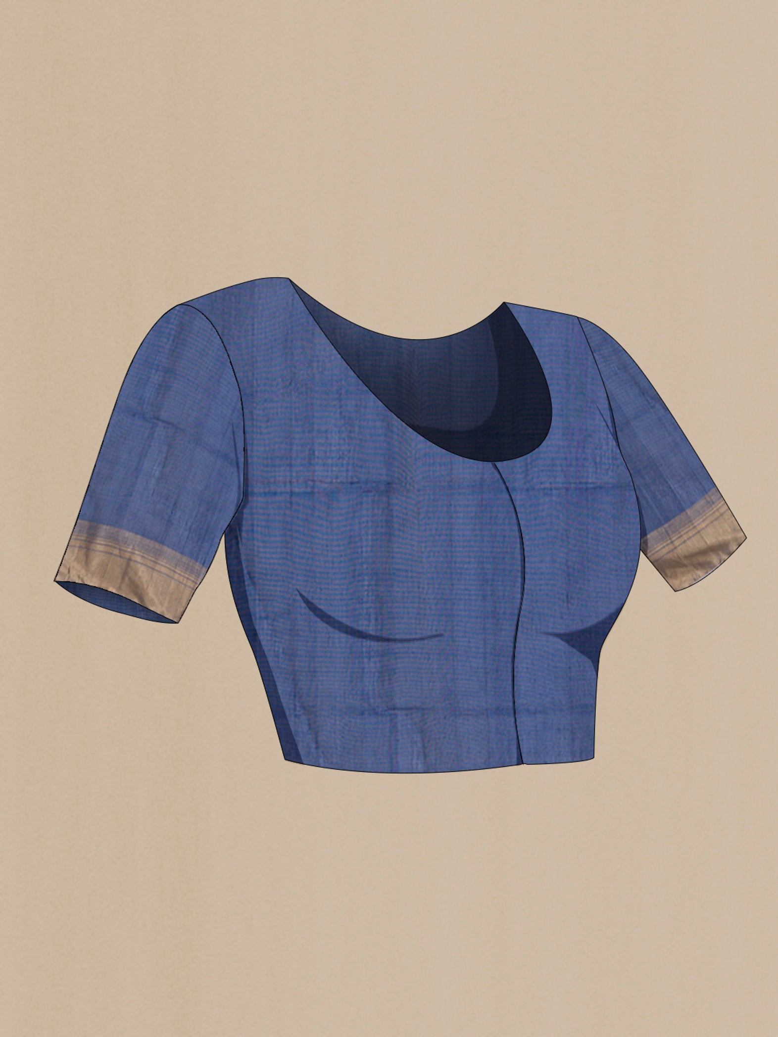 Close up image of the blouse of Blue Silk Cotton Saree with Zari Butta on the body and Zari Border. 