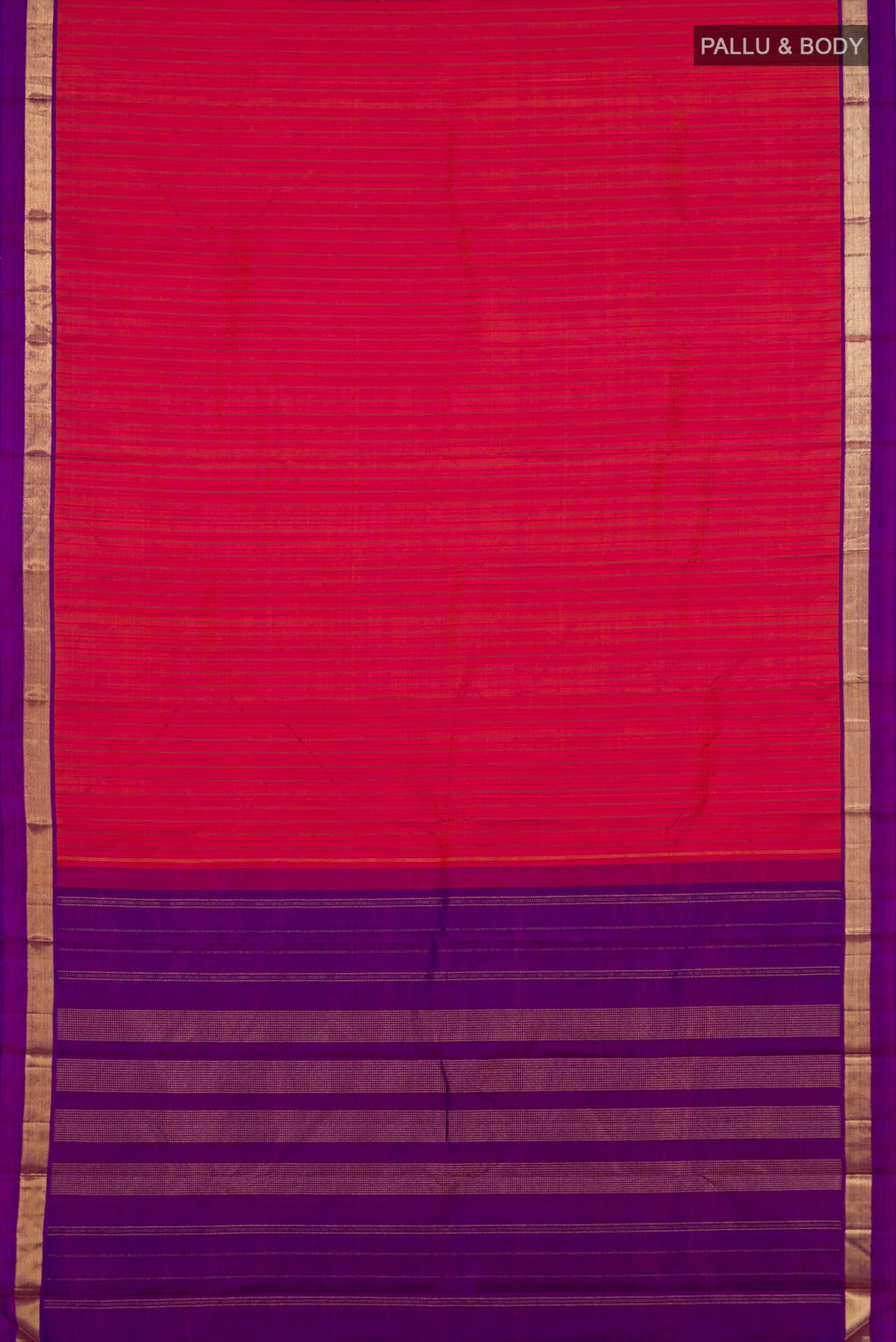 Flat view of Pure Silk Brick Orange Kanchipuram Saree with Thread Butta on the body and Zari Border. 