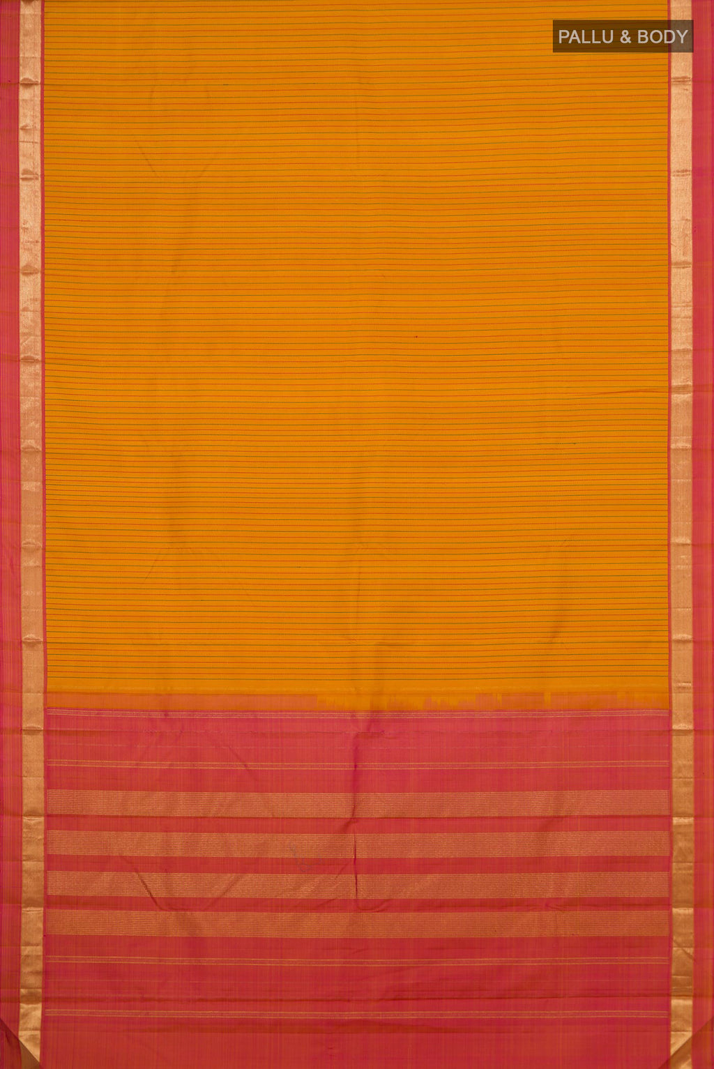 Flat view of Yellow Kanchipuram Silk Saree with Stripes on the body and Zari Border. 