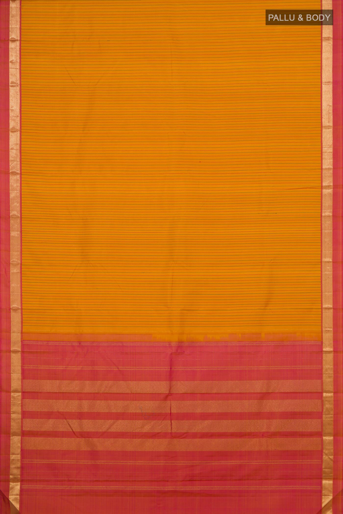 Flat view of Yellow Kanchipuram Silk Saree with Stripes on the body and Zari Border. 