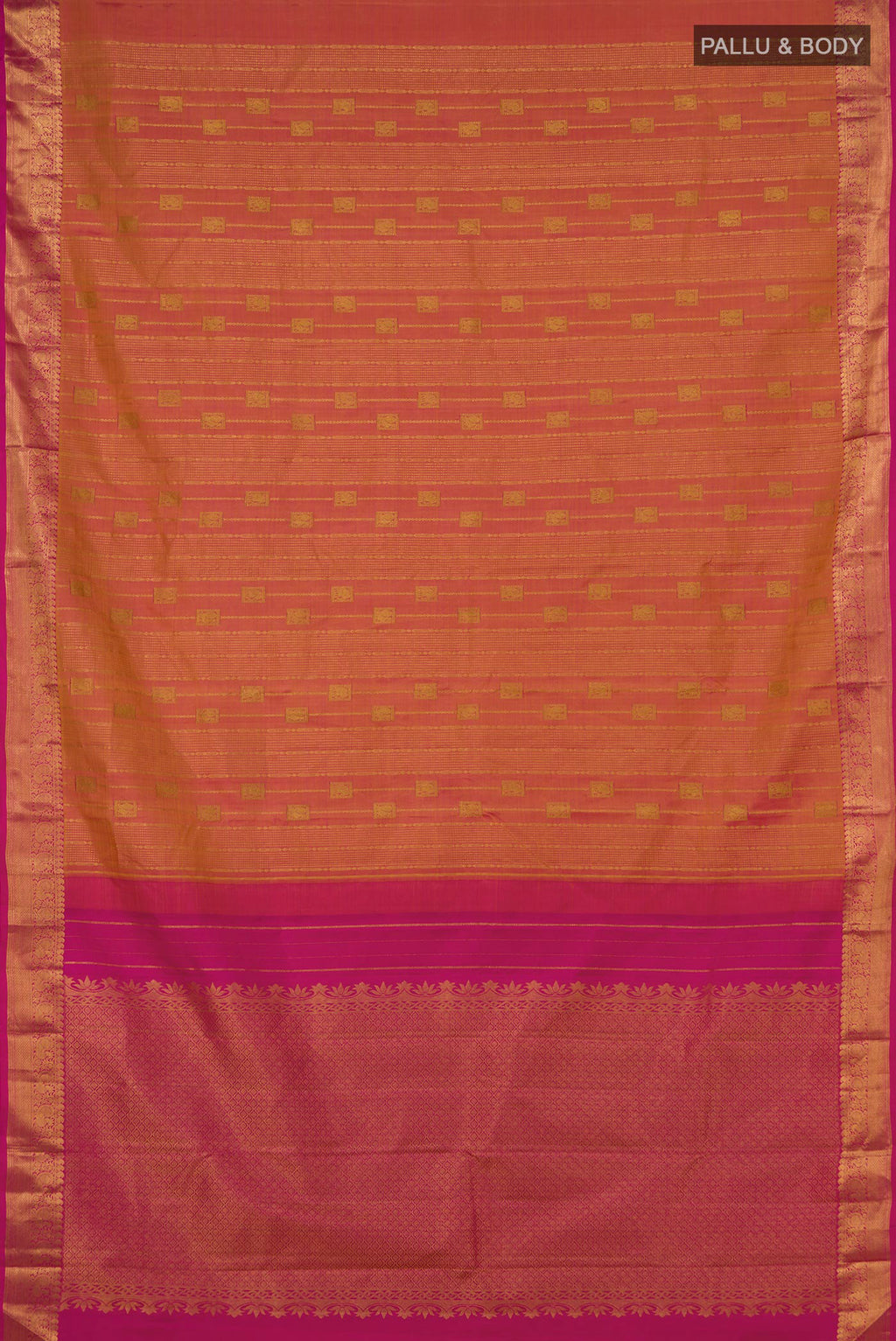 Flat view of Pinkish Yellow Dual Tone Kanjivaram Silk Saree with Stripes on the body and Zari Border. 