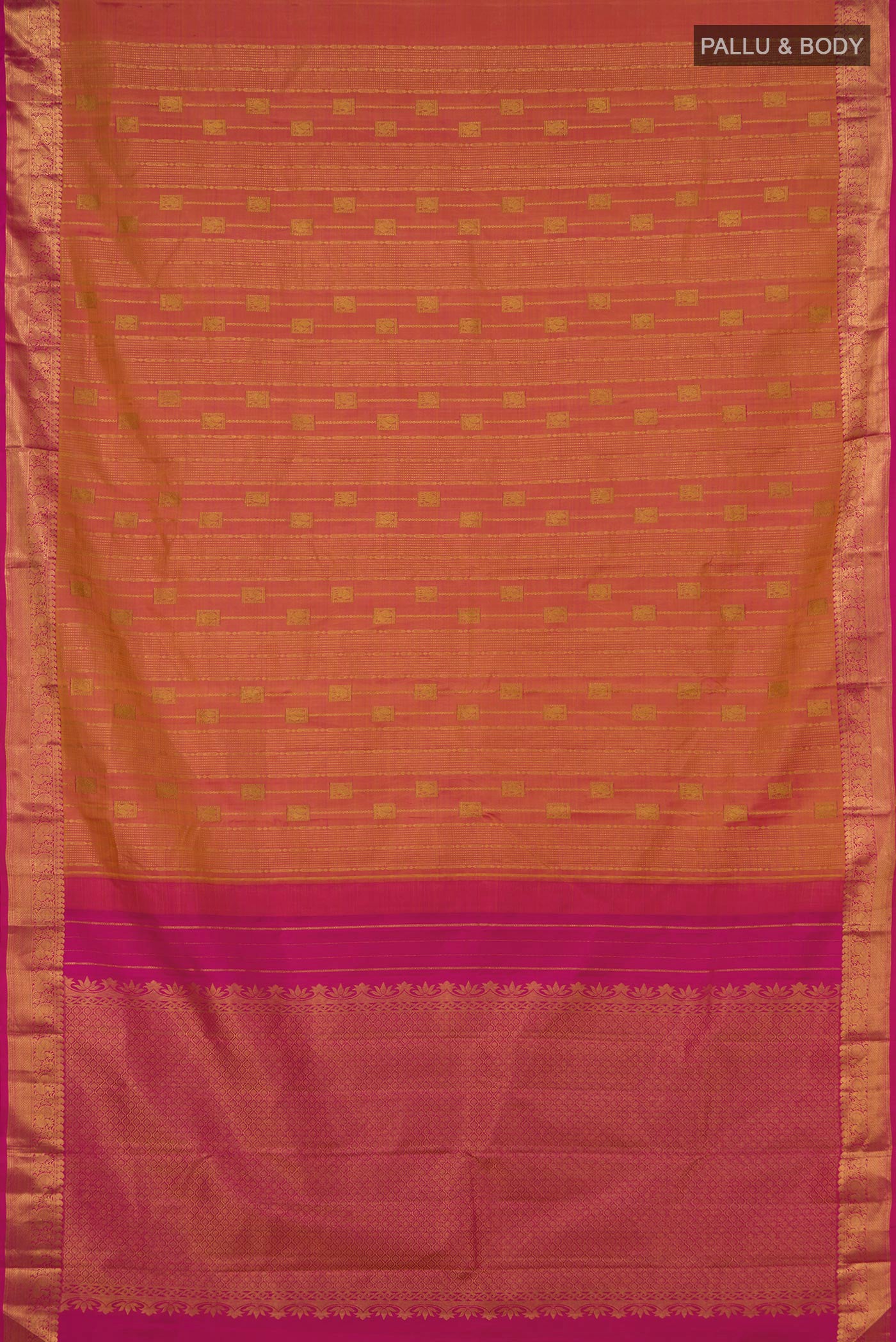 Flat view of Pinkish Yellow Dual Tone Kanjivaram Silk Saree with Stripes on the body and Zari Border. 