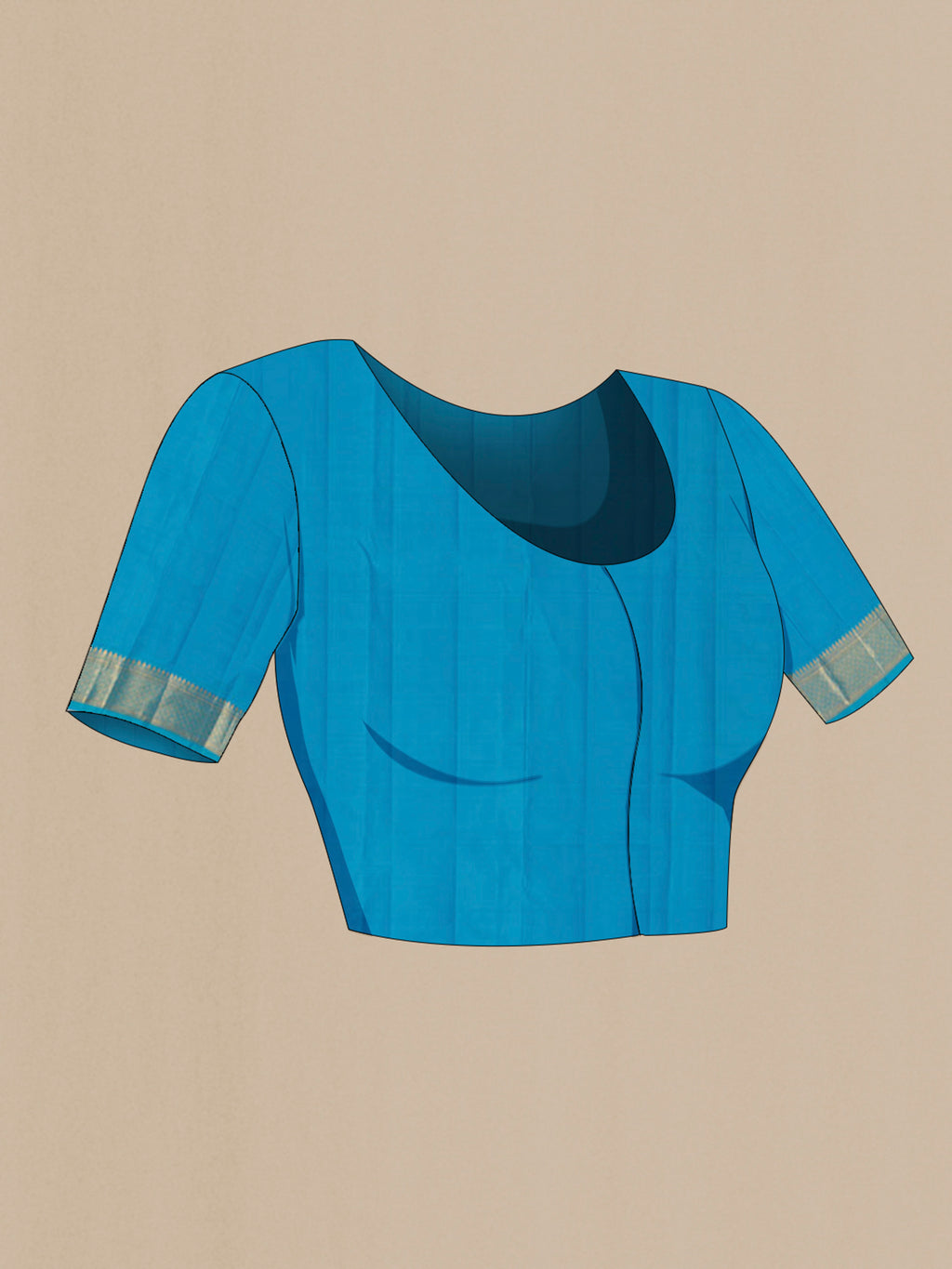 Close up image of the blouse of Royal Blue Kanjivaram Silk Saree with Zari Butta on the body and Zari Border. 