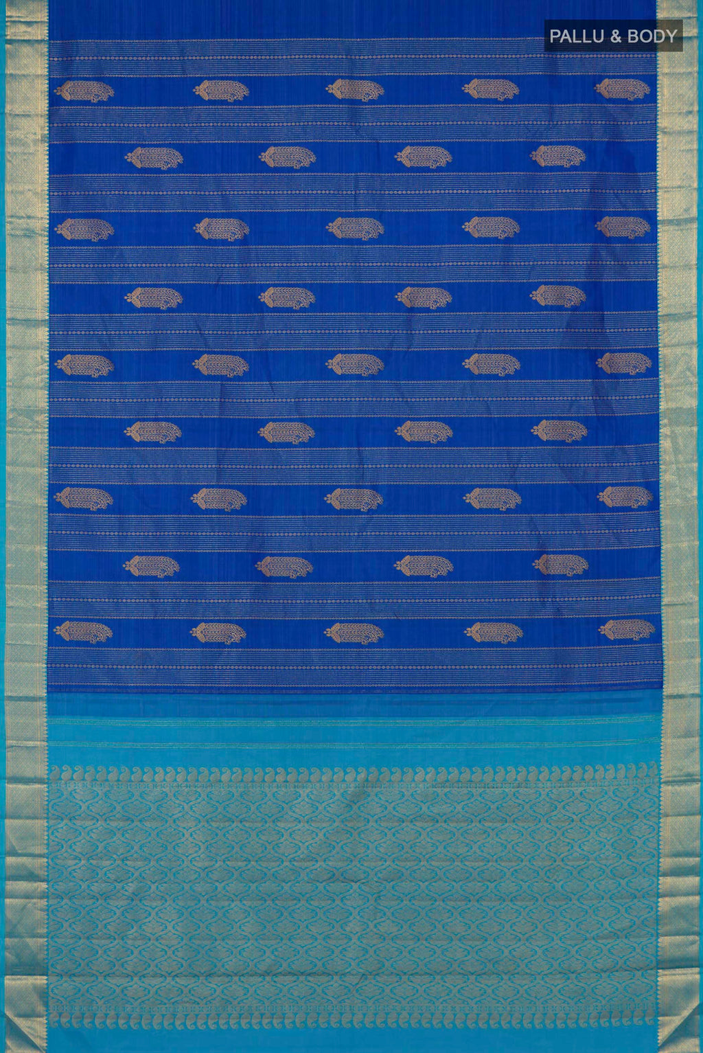 Flat view of Royal Blue Kanjivaram Silk Saree with Zari Butta on the body and Zari Border. 
