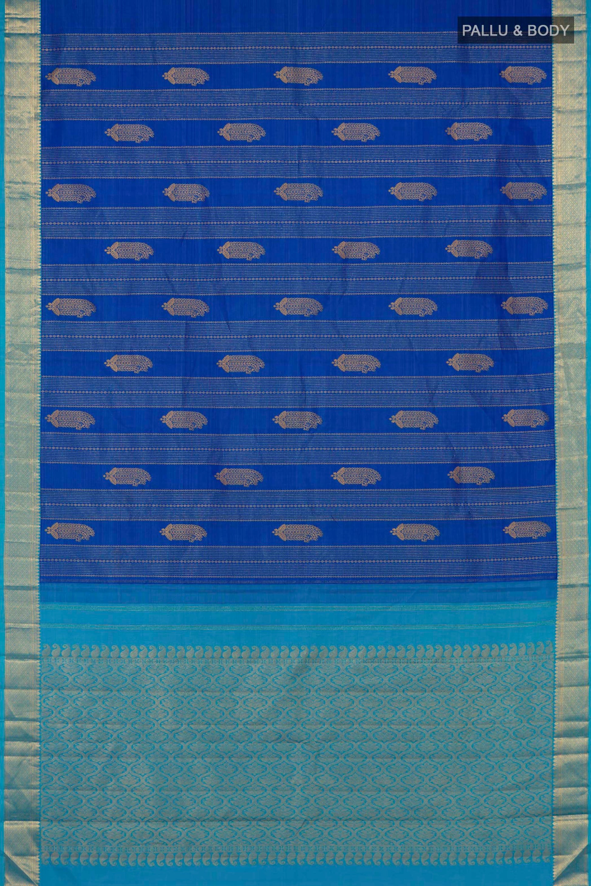 Flat view of Royal Blue Kanjivaram Silk Saree with Zari Butta on the body and Zari Border. 