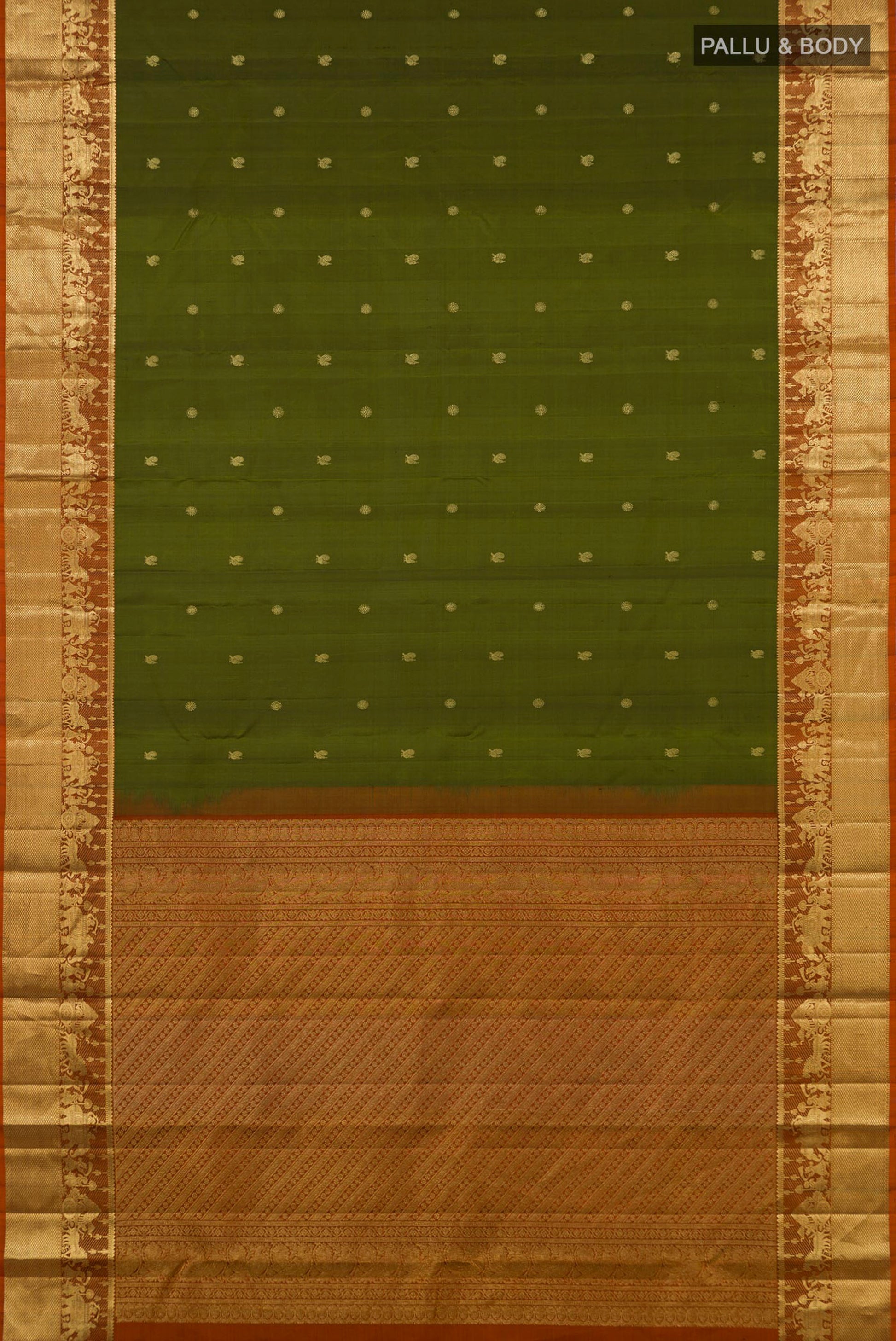 Flat view of Mehandi Green Kanchipuram Silk Saree with Zari Butta on the body and Zari Border. 
