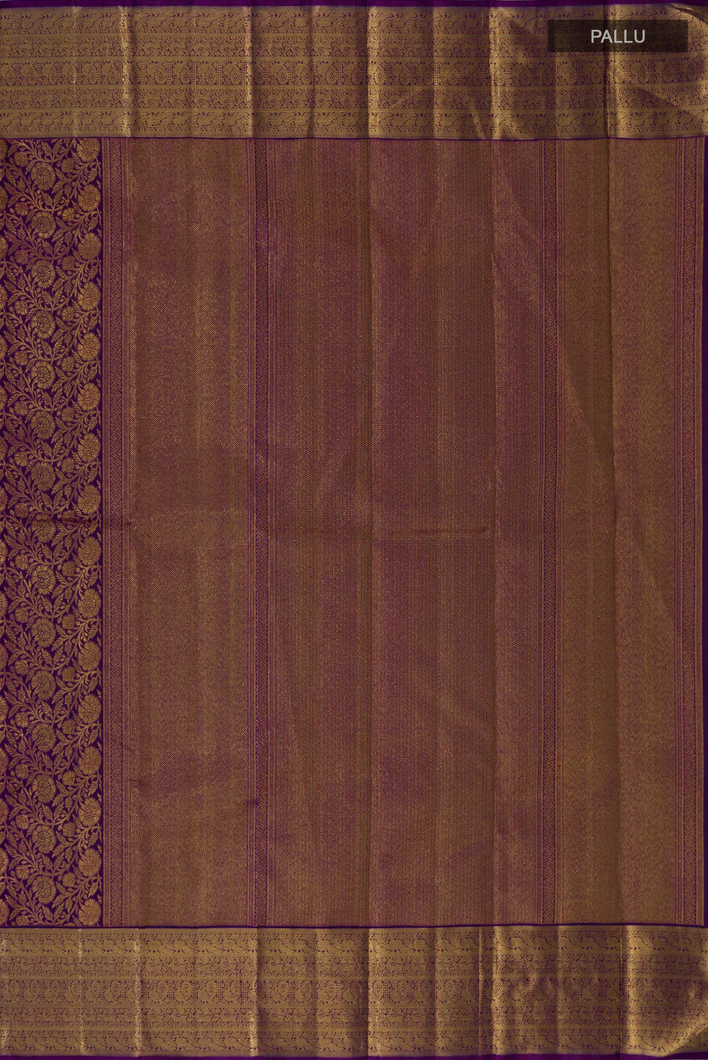 Close up image of the pallu of Violet Kanchipuram Silk Saree with Zari Brocade on the body and Zari Border. 