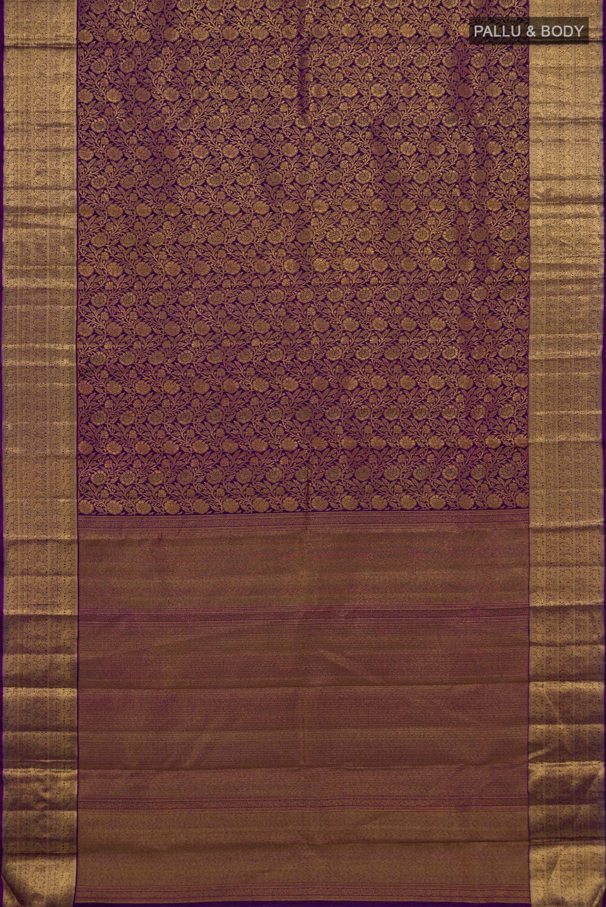 Flat view of Violet Kanchipuram Silk Saree with Zari Brocade on the body and Zari Border. 