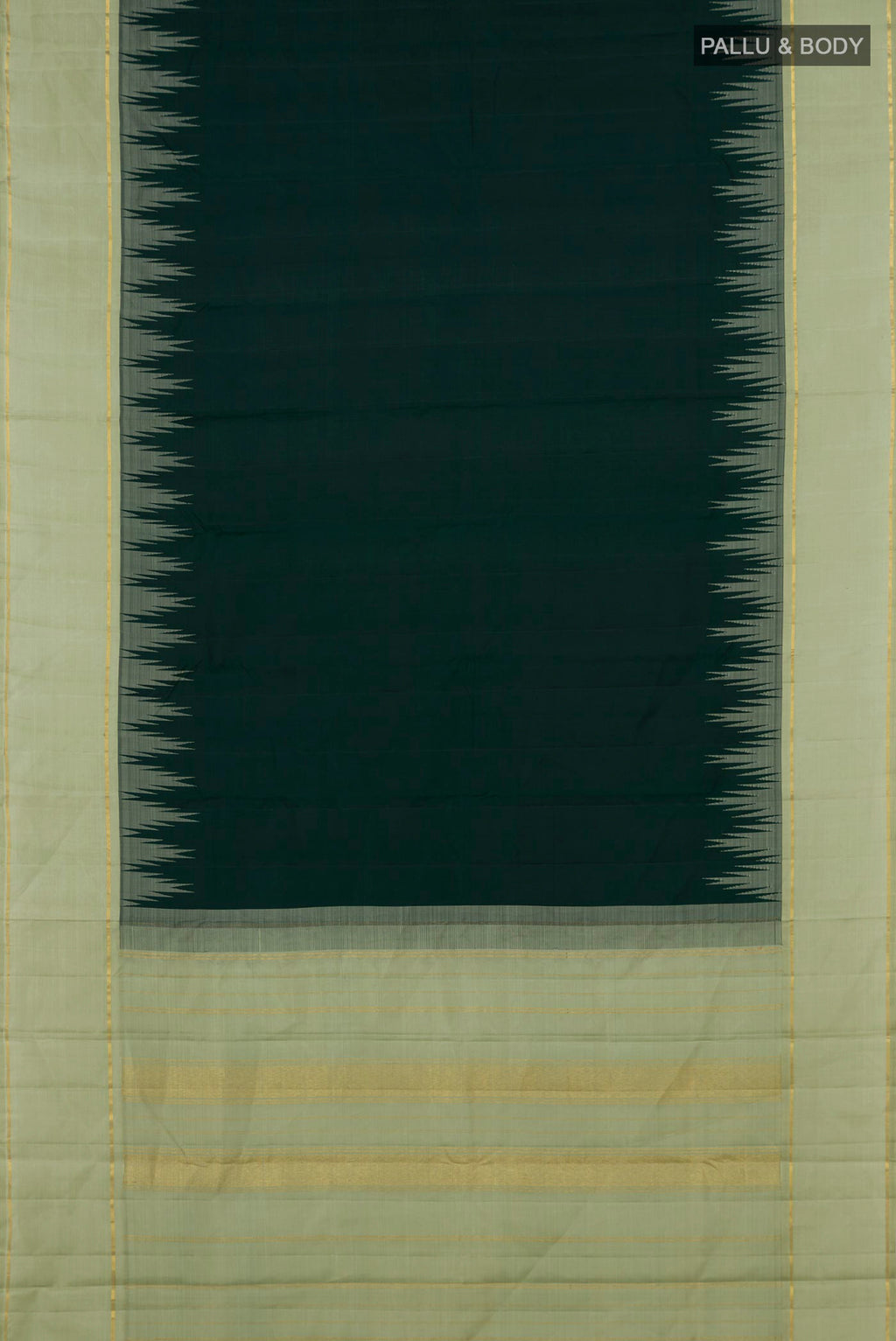 Flat view of Pure Silk Bottle Green Kanjivaram Saree with Plain Body and Temple Border. 