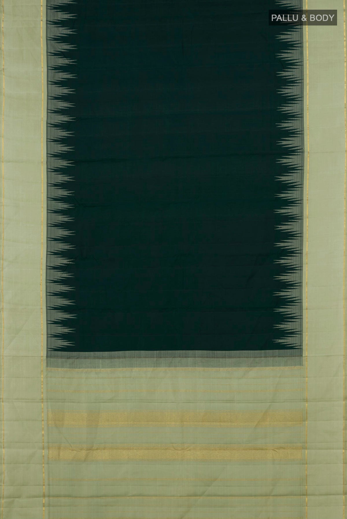 Flat view of Pure Silk Bottle Green Kanjivaram Saree with Plain Body and Temple Border. 