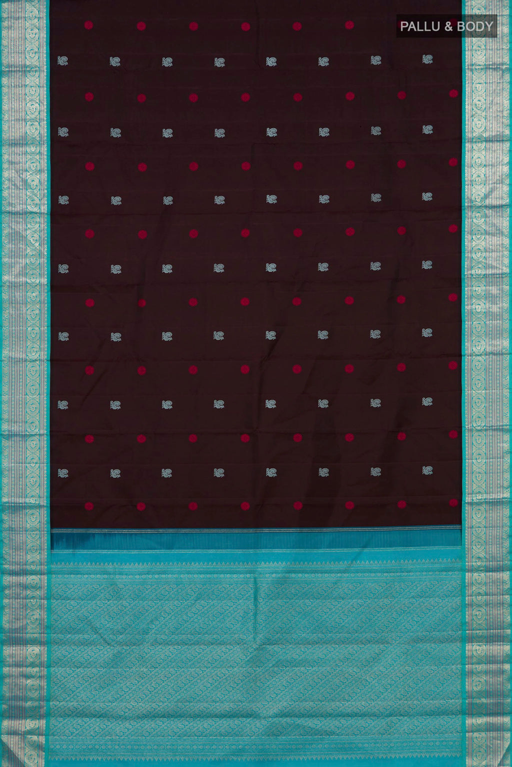 Flat view of Coffee Brown Kanjivaram Silk Saree with Thread Butta on the body and Zari Border. 