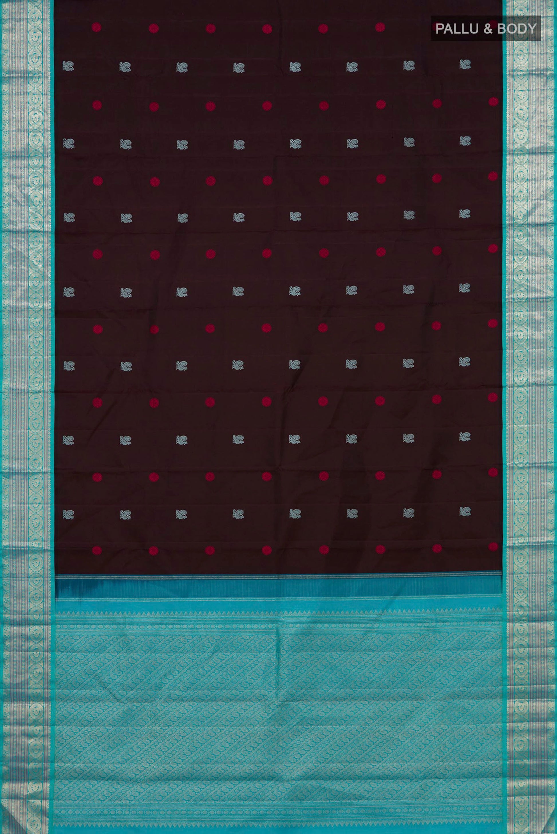 Flat view of Coffee Brown Kanjivaram Silk Saree with Thread Butta on the body and Zari Border. 