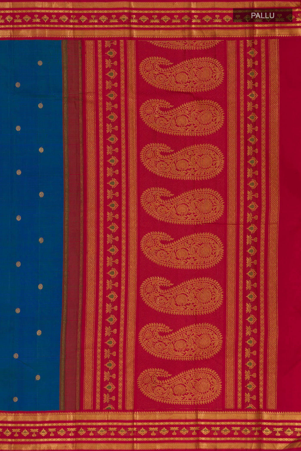 Close up image of the pallu of Pure Silk Blue Kanjivaram Saree with Zari Butta on the body and Zari Border. 