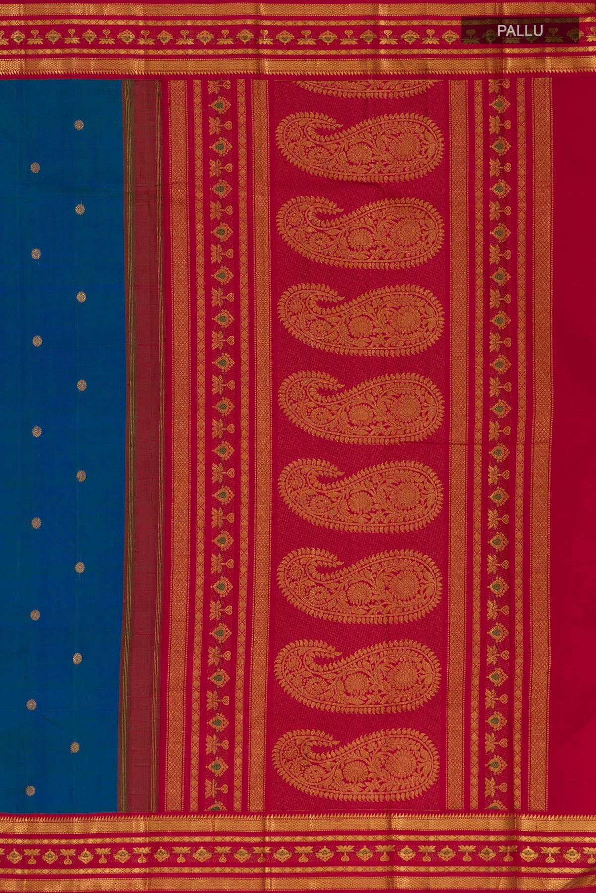 Close up image of the pallu of Pure Silk Blue Kanjivaram Saree with Zari Butta on the body and Zari Border. 