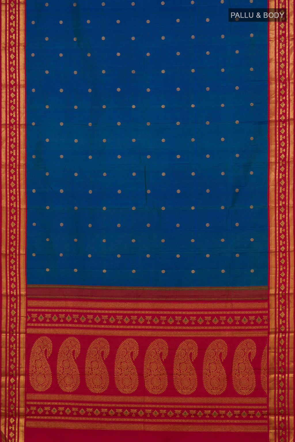 Flat view of Pure Silk Blue Kanjivaram Saree with Zari Butta on the body and Zari Border. 