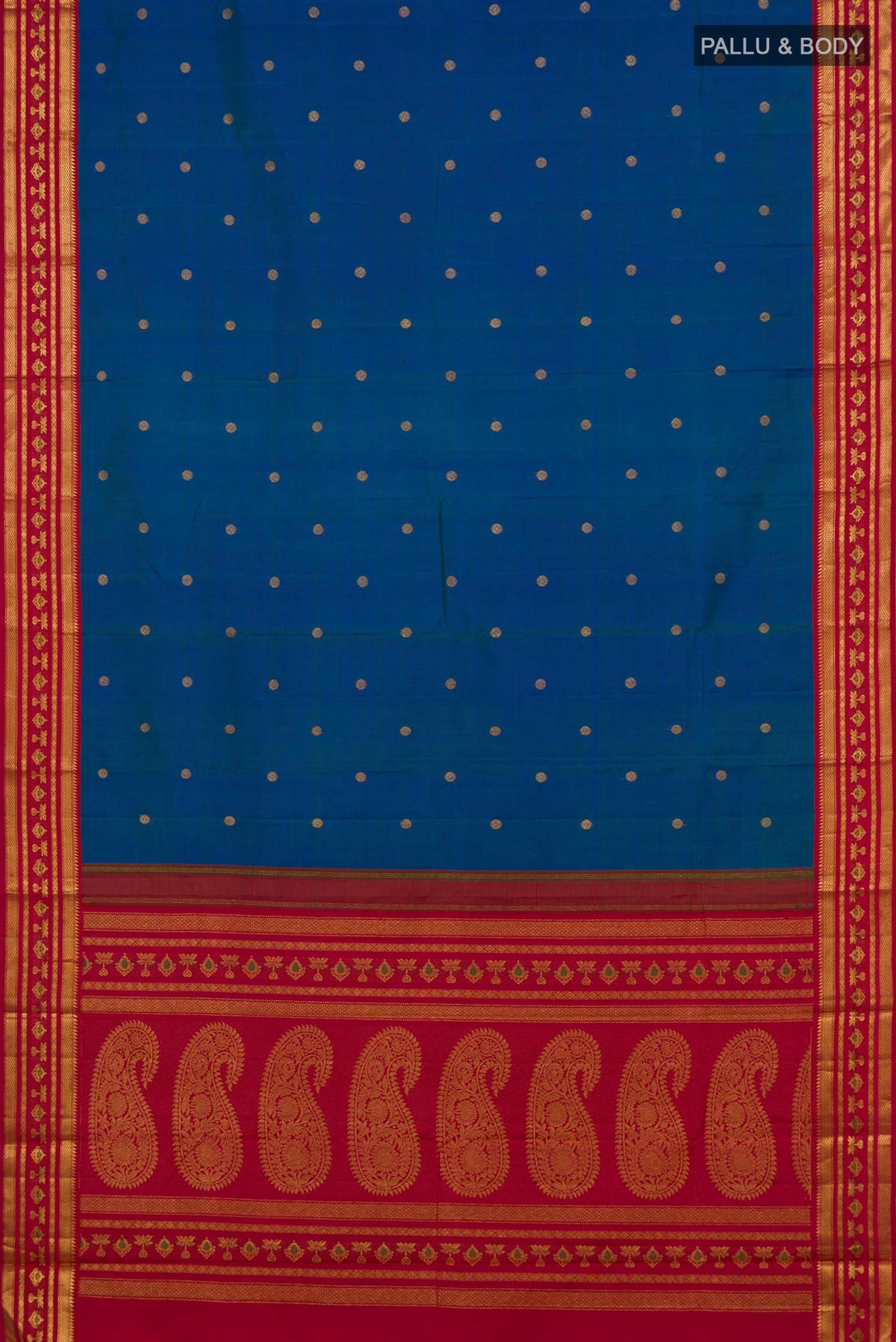 Flat view of Pure Silk Blue Kanjivaram Saree with Zari Butta on the body and Zari Border. 