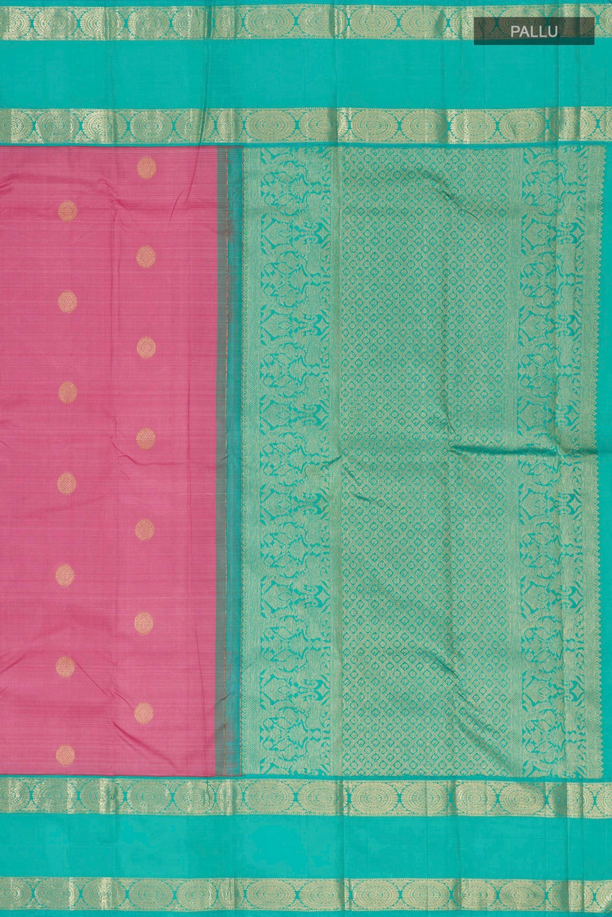 Close up image of the pallu of Pink Kanjivaram Silk Saree with Zari Butta on the body and Zari Border. 