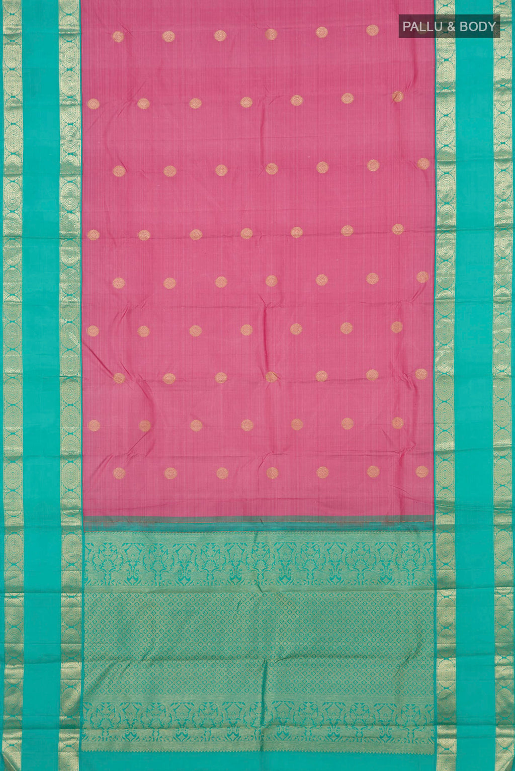 Flat view of Pink Kanjivaram Silk Saree with Zari Butta on the body and Zari Border. 