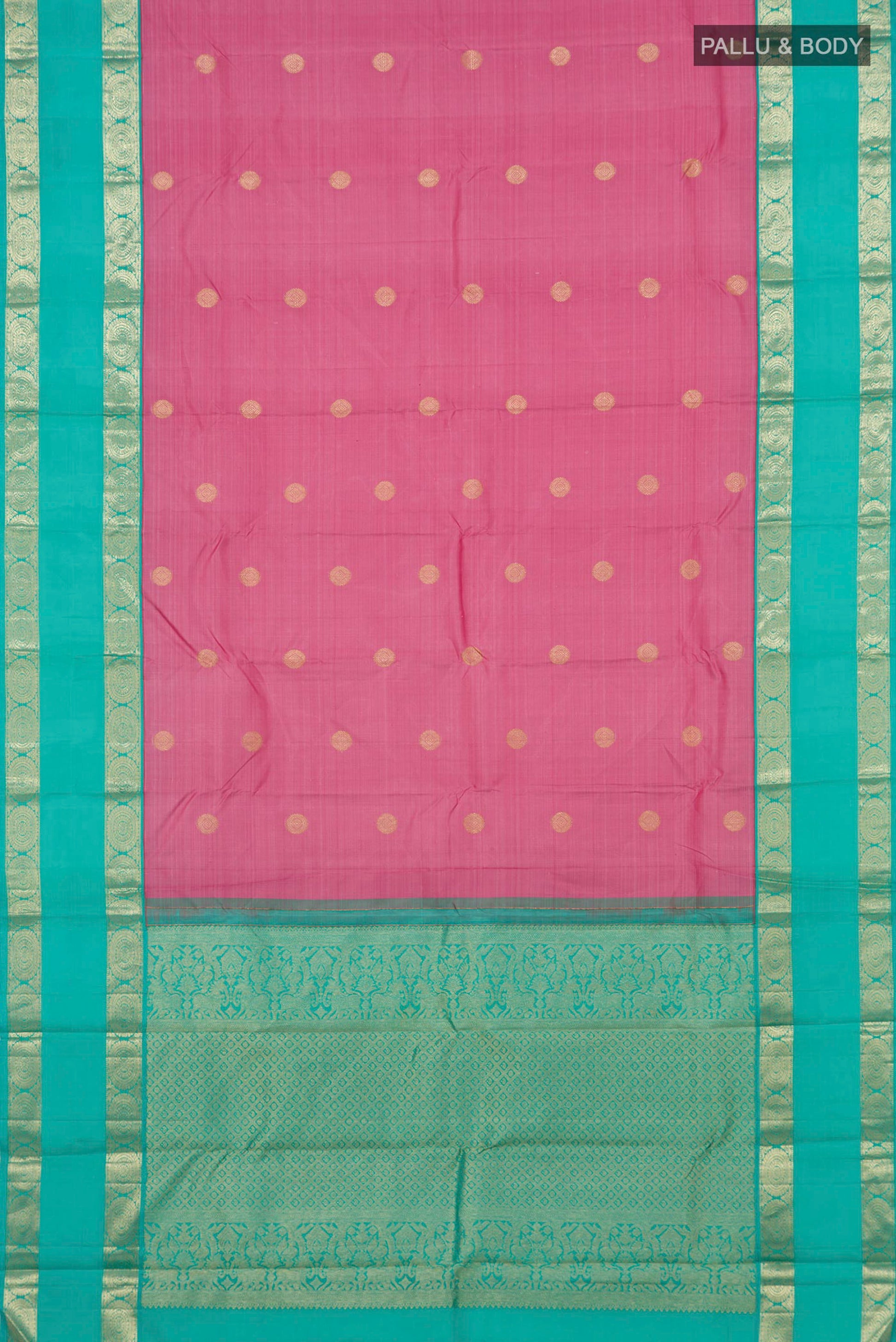 Flat view of Pink Kanjivaram Silk Saree with Zari Butta on the body and Zari Border. 