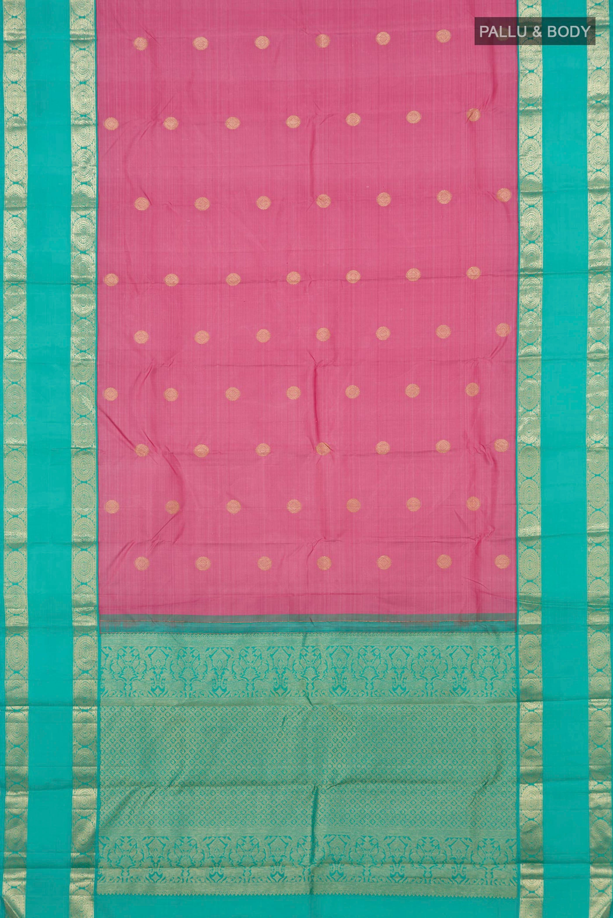 Flat view of Pink Kanjivaram Silk Saree with Zari Butta on the body and Zari Border. 